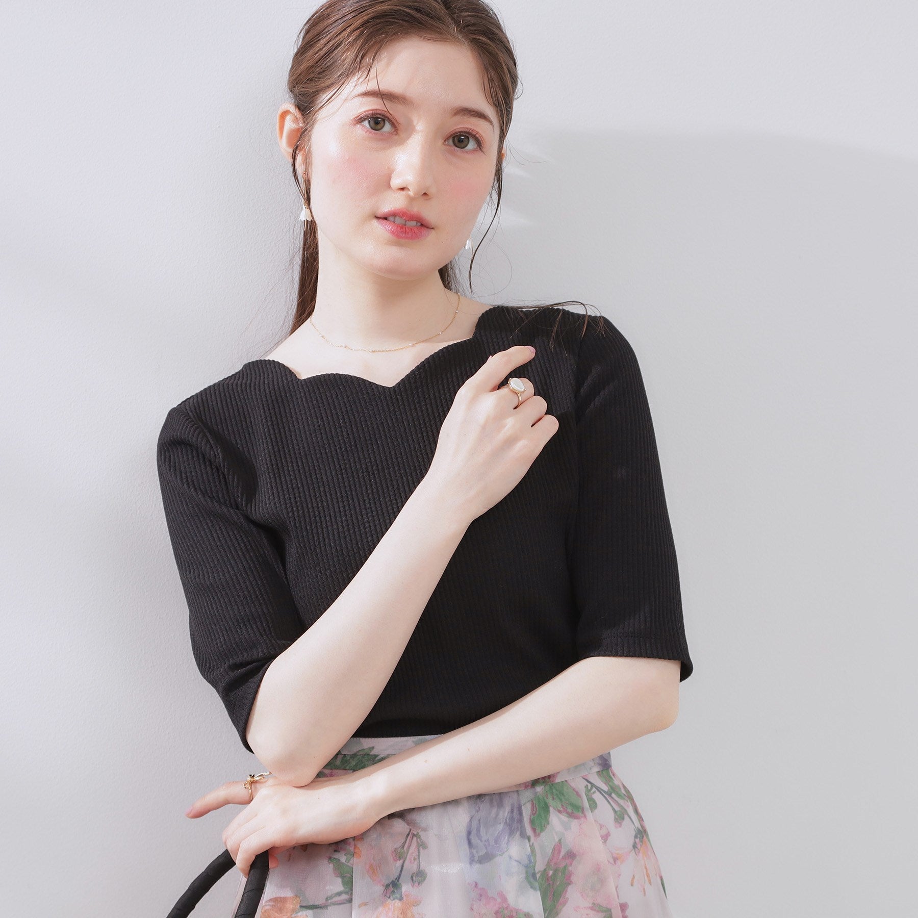 クチュール ブローチ Couture Brooch ハートネックテレコ5分袖プルオーバー （オフホワイト(003)） オフホワイト(003)