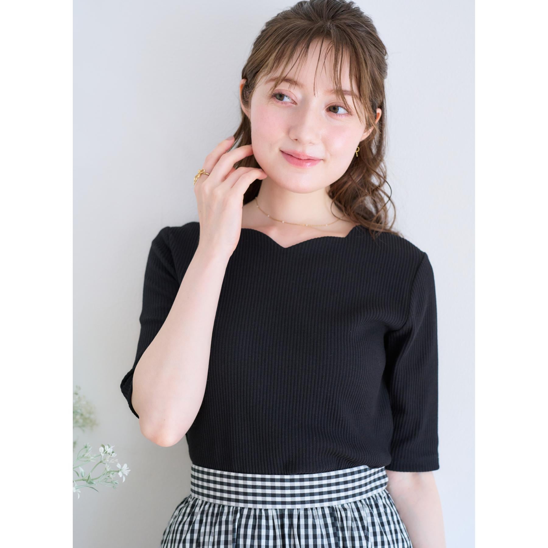 クチュール ブローチ Couture Brooch ハートネックテレコ5分袖プルオーバー （ブラック(019)） ブラック(019)