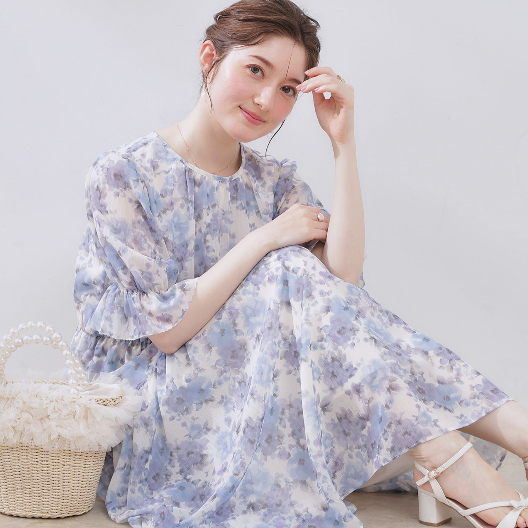 クチュール ブローチ Couture Brooch かすれプリント楊柳ワンピース （ブルー(191)） ブルー(191)