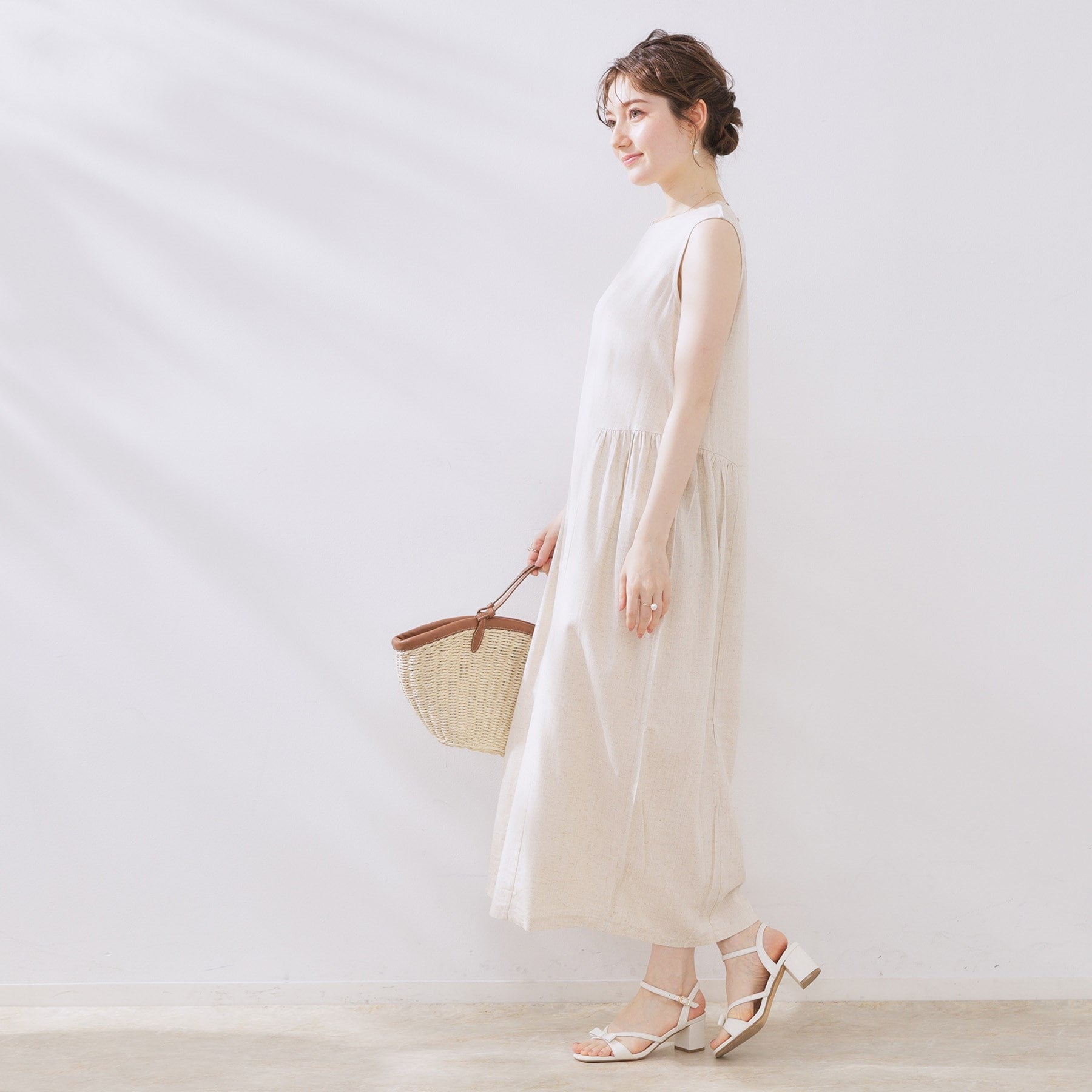 クチュール ブローチ Couture Brooch 麻混フレアデザインワンピース （サックスブルー(090)） サックスブルー(090)