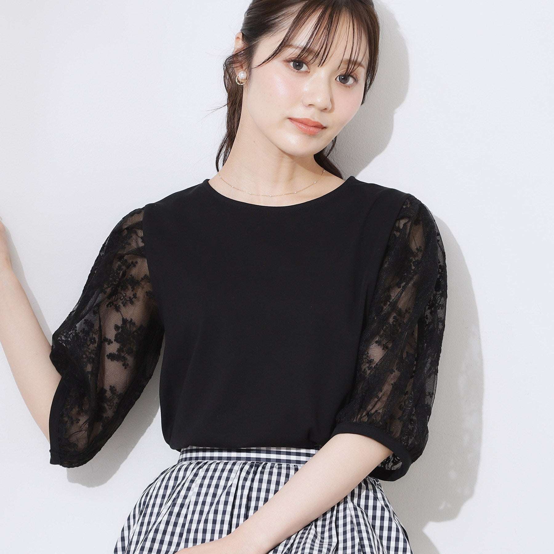 クチュール ブローチ Couture Brooch 袖レースデザイントップス （ブラック(019)） ブラック(019)