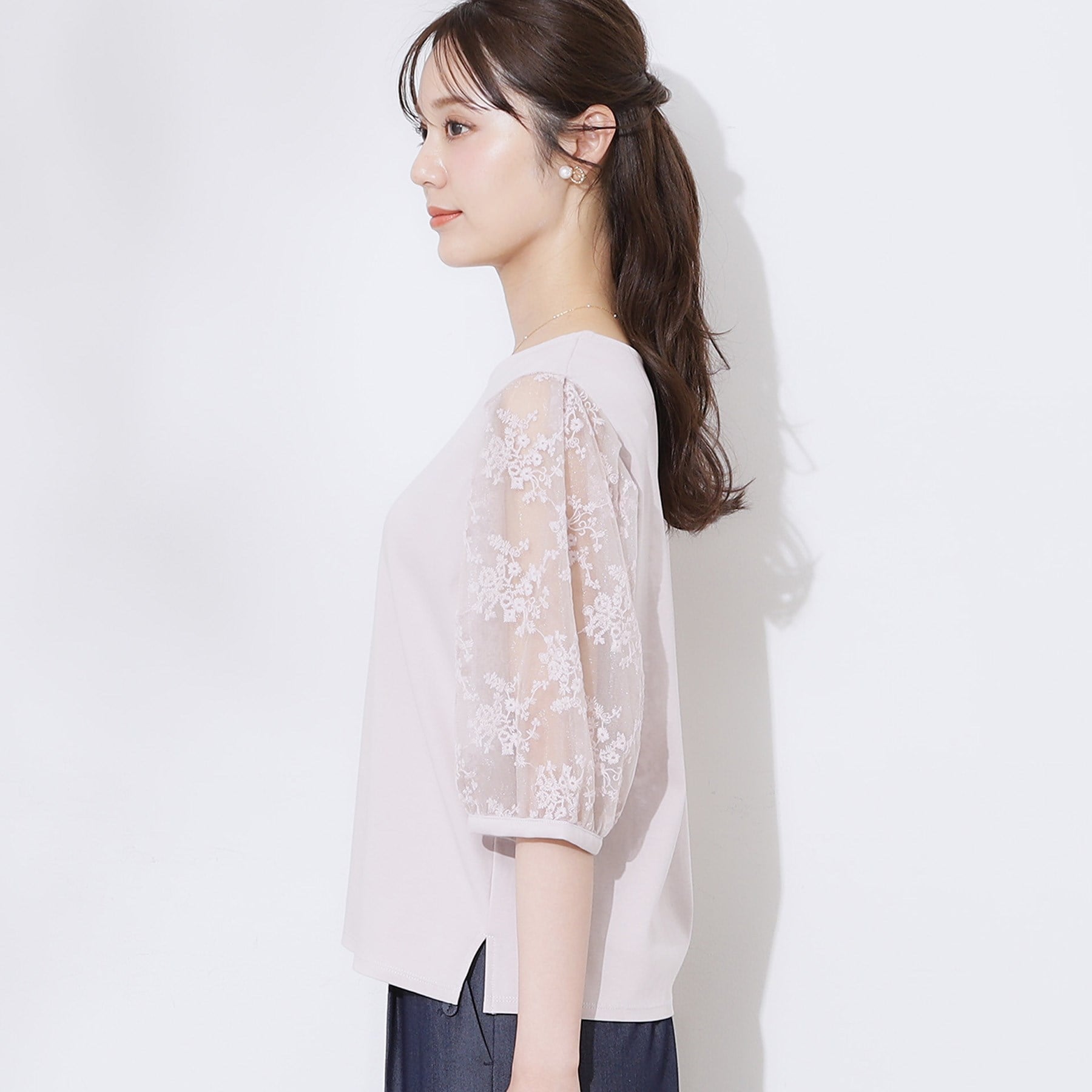 クチュール ブローチ Couture Brooch 袖レースデザイントップス （ブラック(019)） ブラック(019)