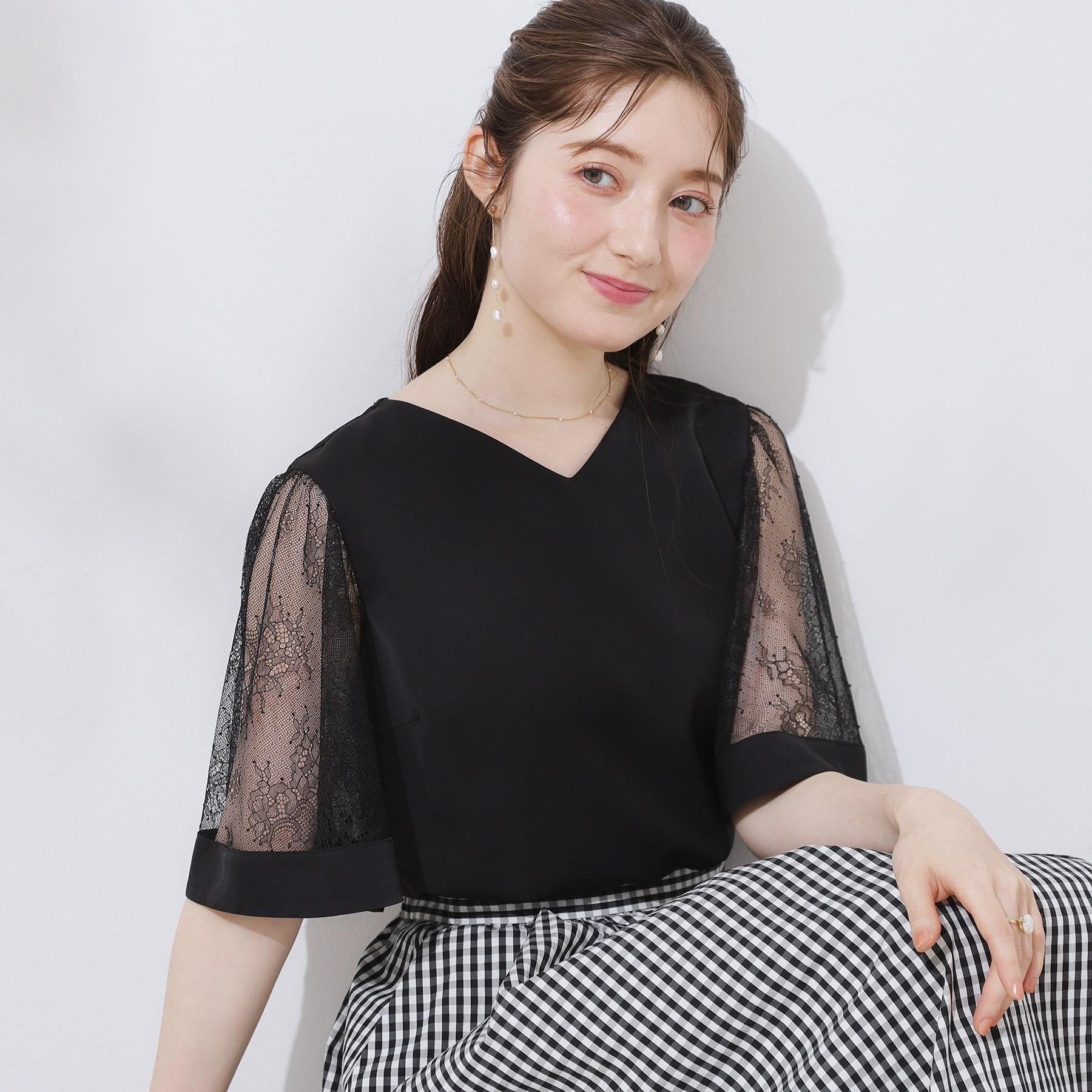 クチュール ブローチ Couture Brooch Vネック袖レースフレアブラウス （ブラック(019)） ブラック(019)