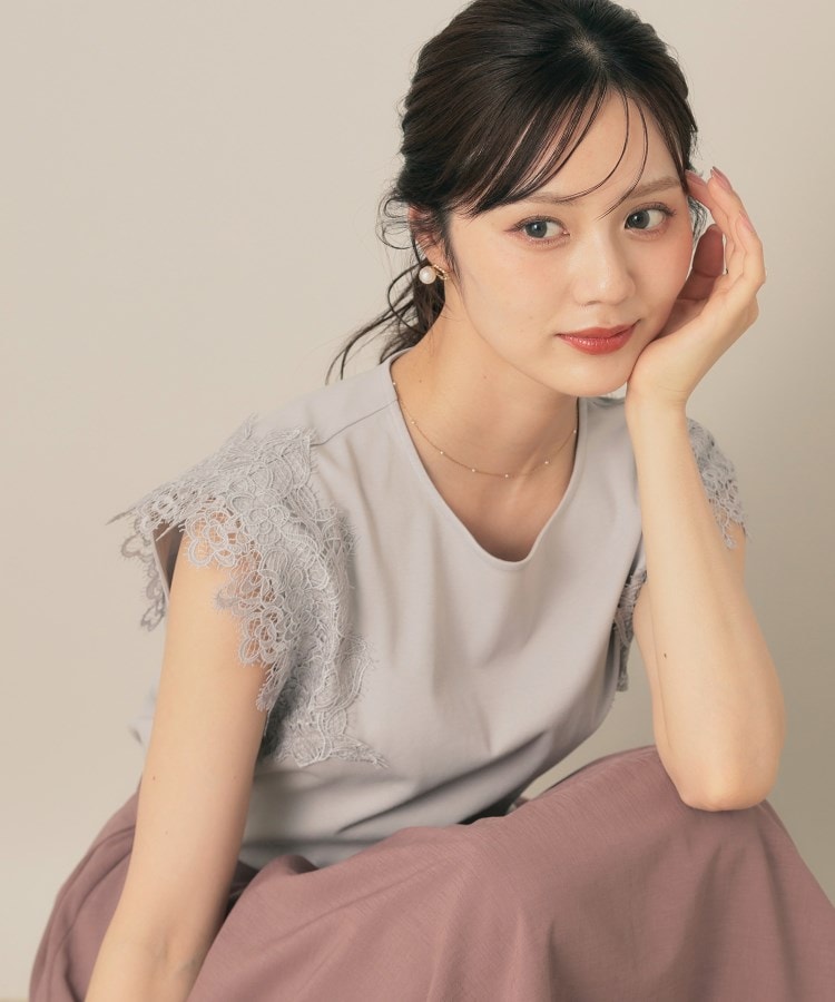 クチュール ブローチ Couture Brooch 【マシンウォッシャブル・UVケア・接触冷感】フレンチ肩レースカットソー （ライトグレー(011)） ライトグレー(011)