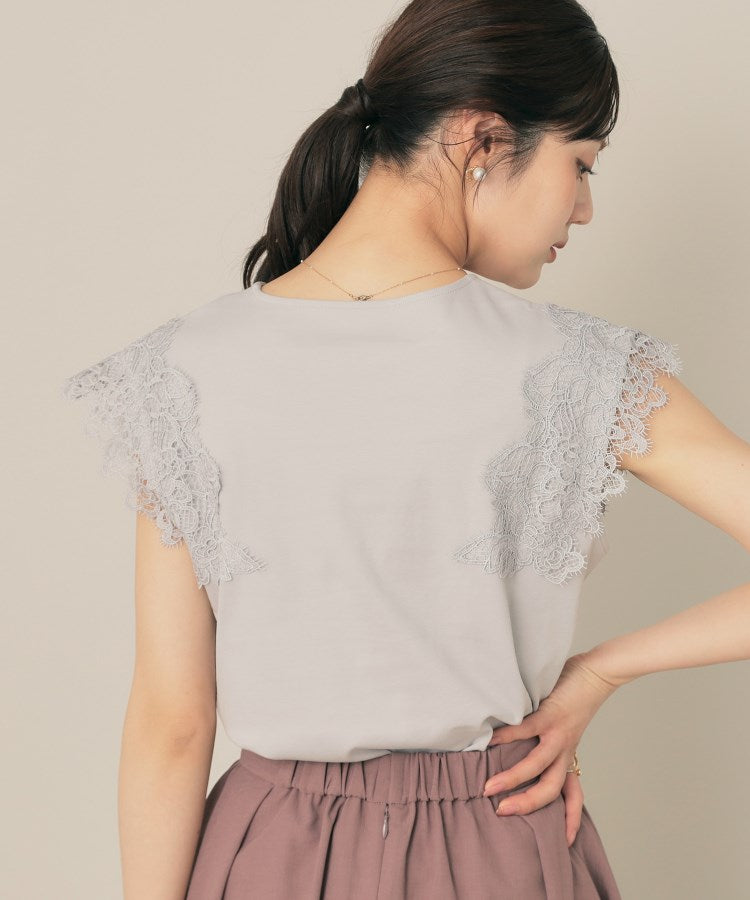 クチュール ブローチ Couture Brooch 【マシンウォッシャブル・UVケア・接触冷感】フレンチ肩レースカットソー （ライトグレー(011)） ライトグレー(011)