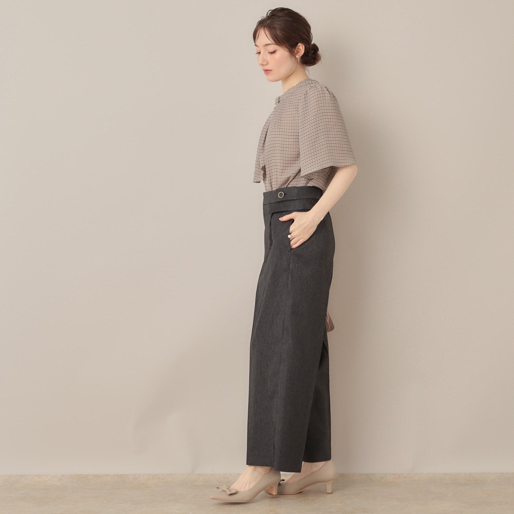 クチュール ブローチ Couture Brooch パール調タイチェックプリントブラウス （ベージュ(152)） ベージュ(152)