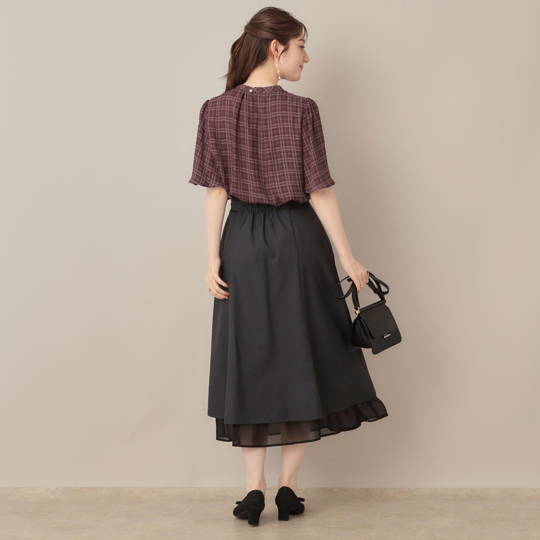 クチュール ブローチ Couture Brooch パール調タイチェックプリントブラウス （ベージュ(152)） ベージュ(152)
