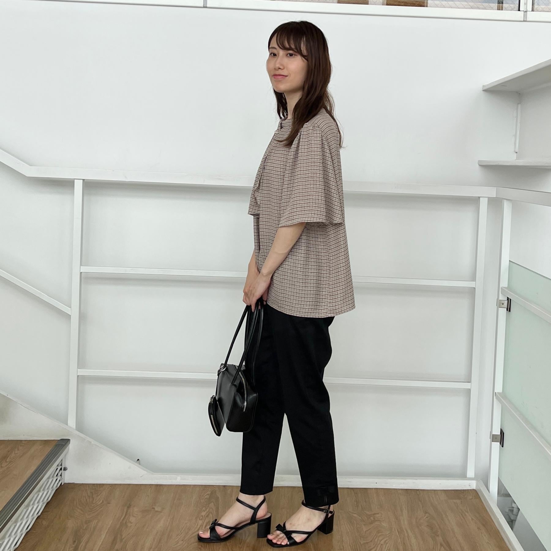 クチュール ブローチ Couture Brooch パール調タイチェックプリントブラウス （ベージュ(152)） ベージュ(152)