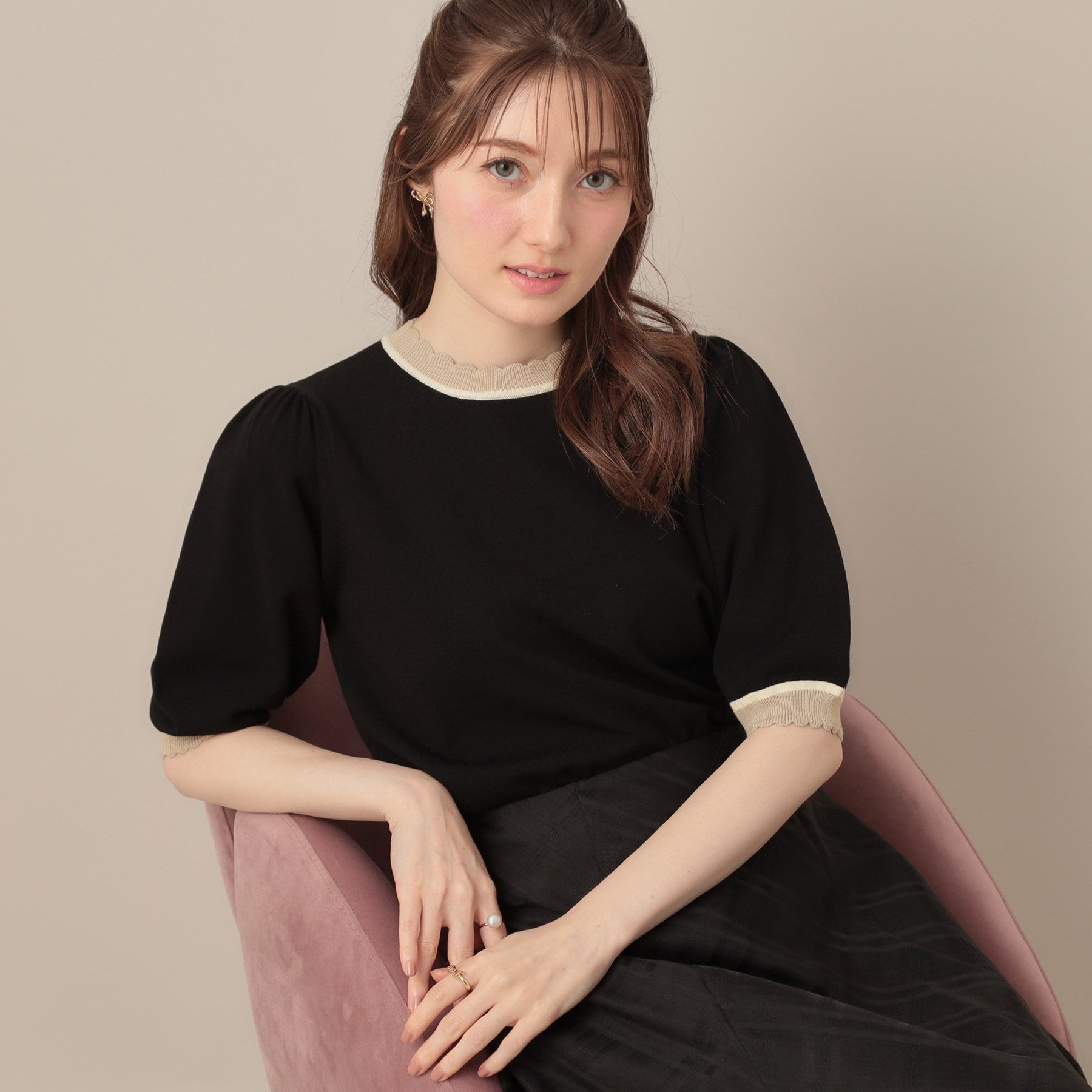 クチュール ブローチ Couture Brooch 配色スカラ5分袖ニット （ブラック(019)） ブラック(019)