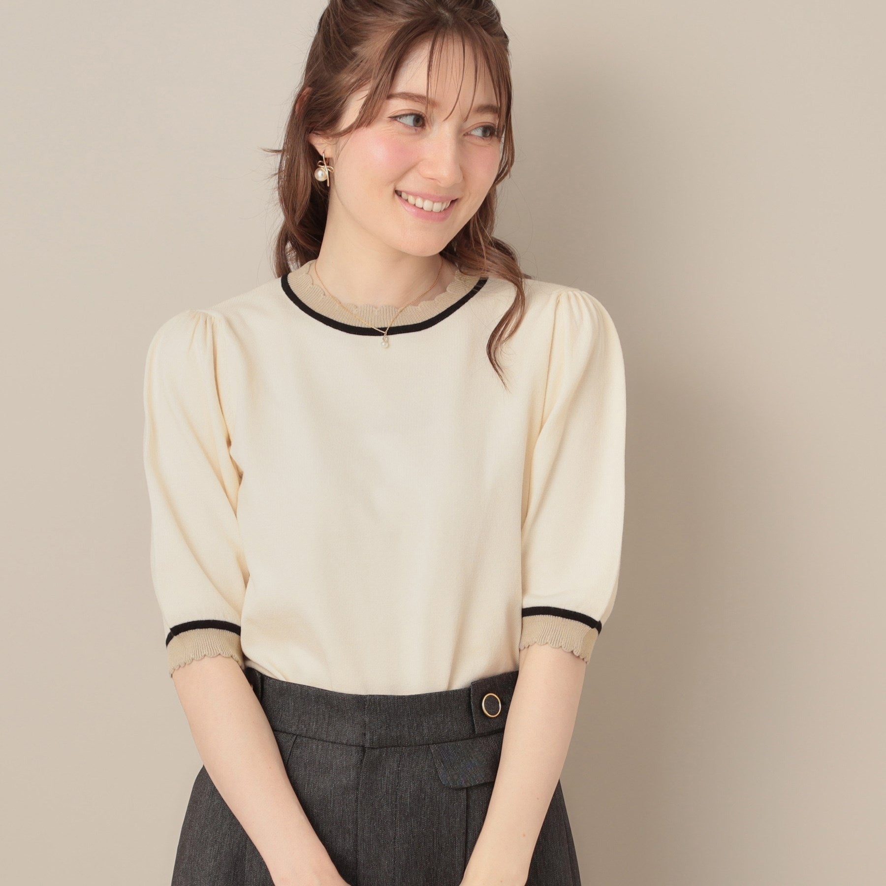 クチュール ブローチ Couture Brooch 配色スカラ5分袖ニット （ブラック(019)） ブラック(019)