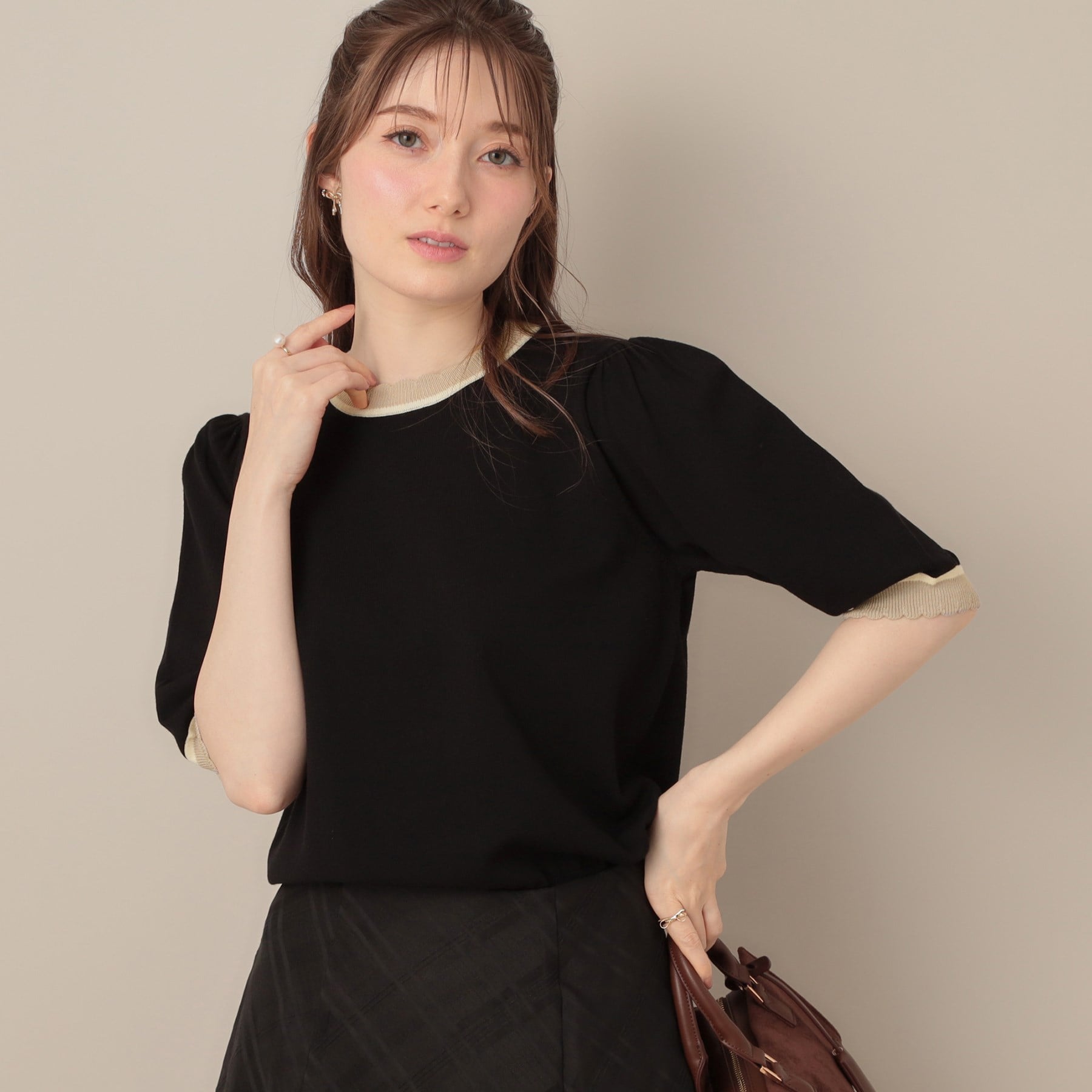 クチュール ブローチ Couture Brooch 配色スカラ5分袖ニット （ブラック(019)） ブラック(019)