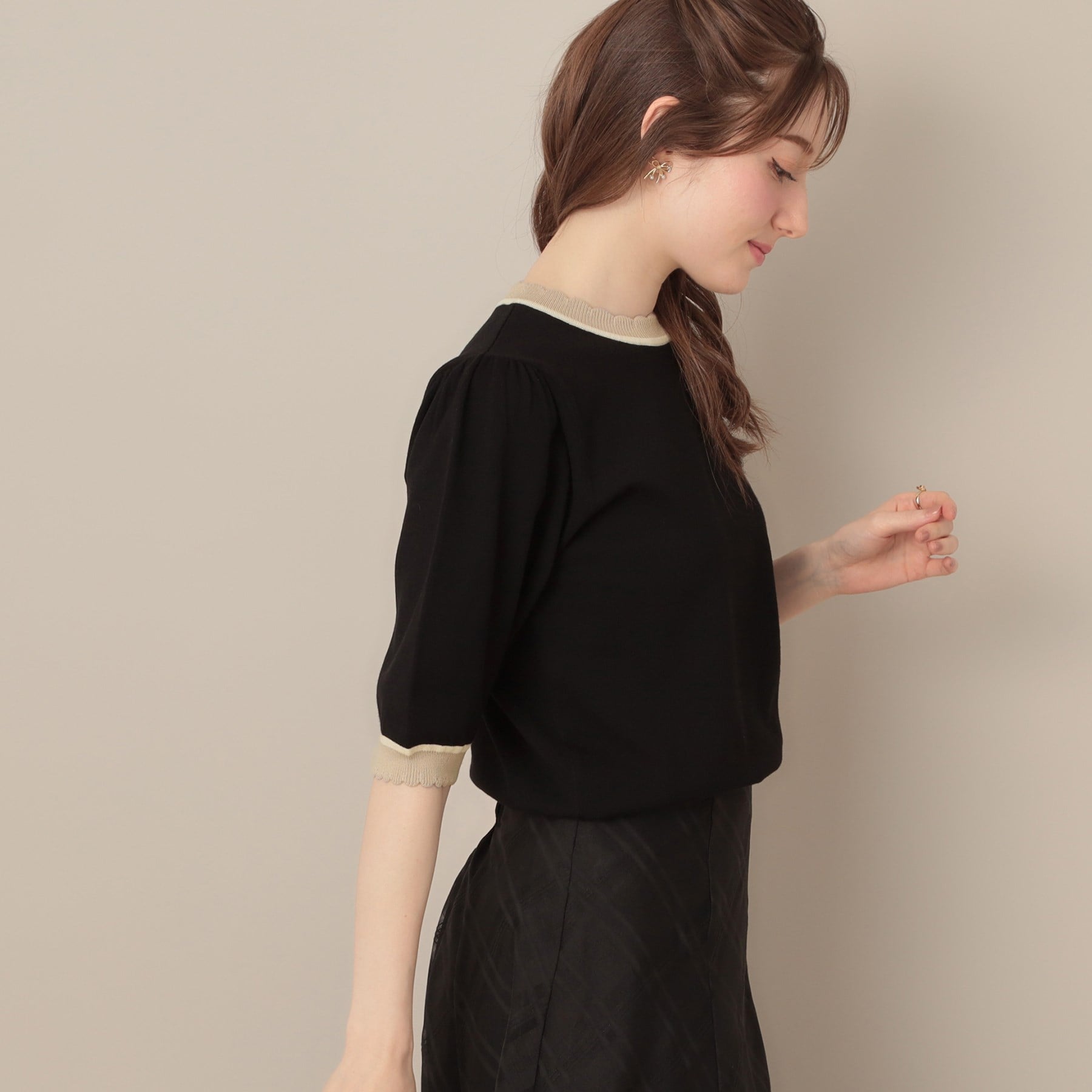 クチュール ブローチ Couture Brooch 配色スカラ5分袖ニット （ブラック(019)） ブラック(019)