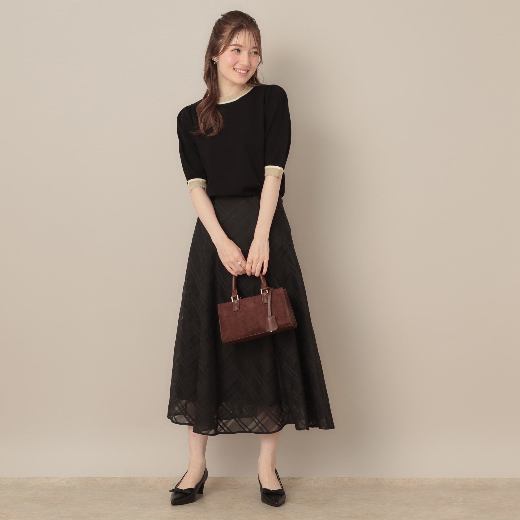 クチュール ブローチ Couture Brooch 配色スカラ5分袖ニット （ブラック(019)） ブラック(019)