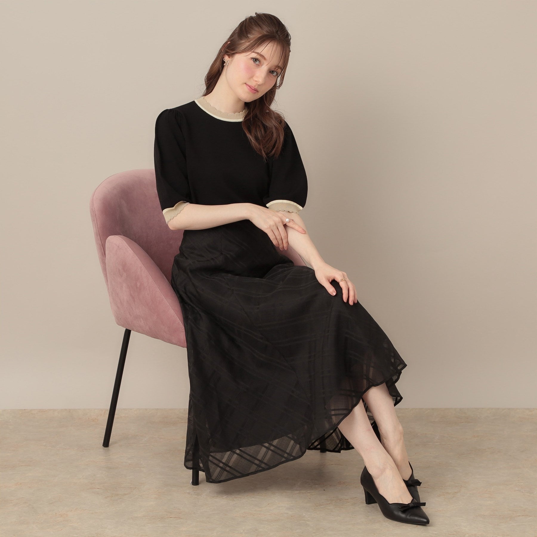 クチュール ブローチ Couture Brooch 配色スカラ5分袖ニット （ブラック(019)） ブラック(019)