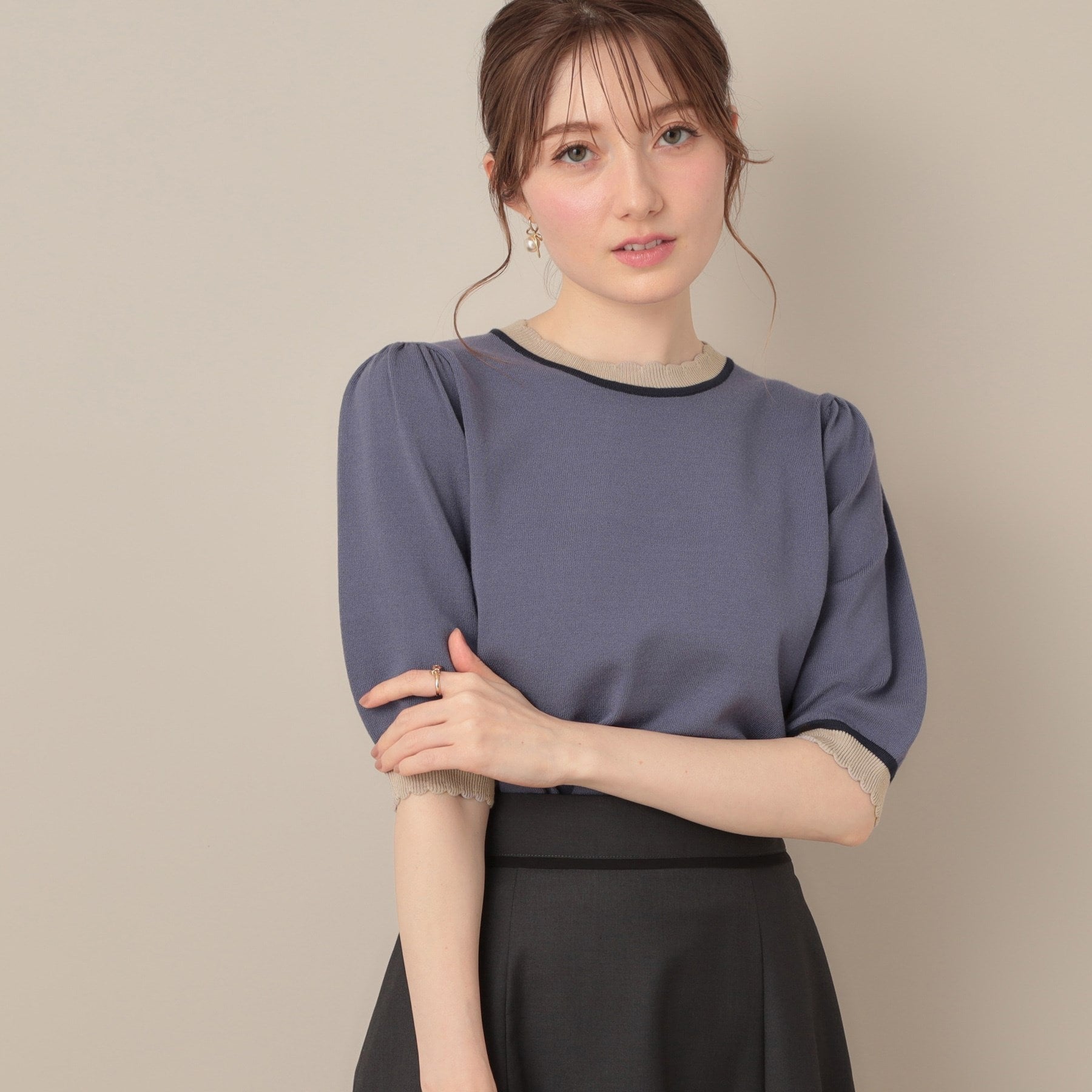 クチュール ブローチ Couture Brooch 配色スカラ5分袖ニット （ブラック(019)） ブラック(019)