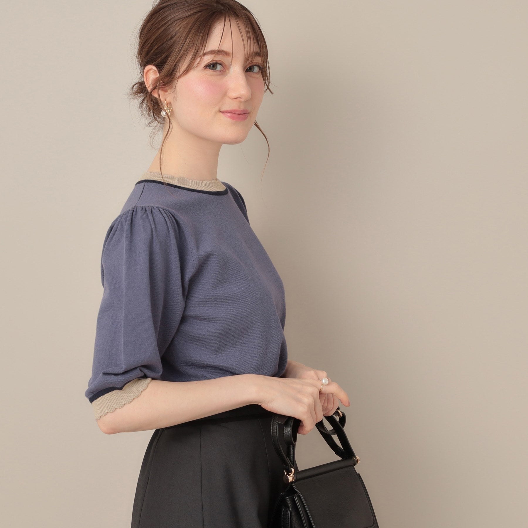 クチュール ブローチ Couture Brooch 配色スカラ5分袖ニット （ブラック(019)） ブラック(019)