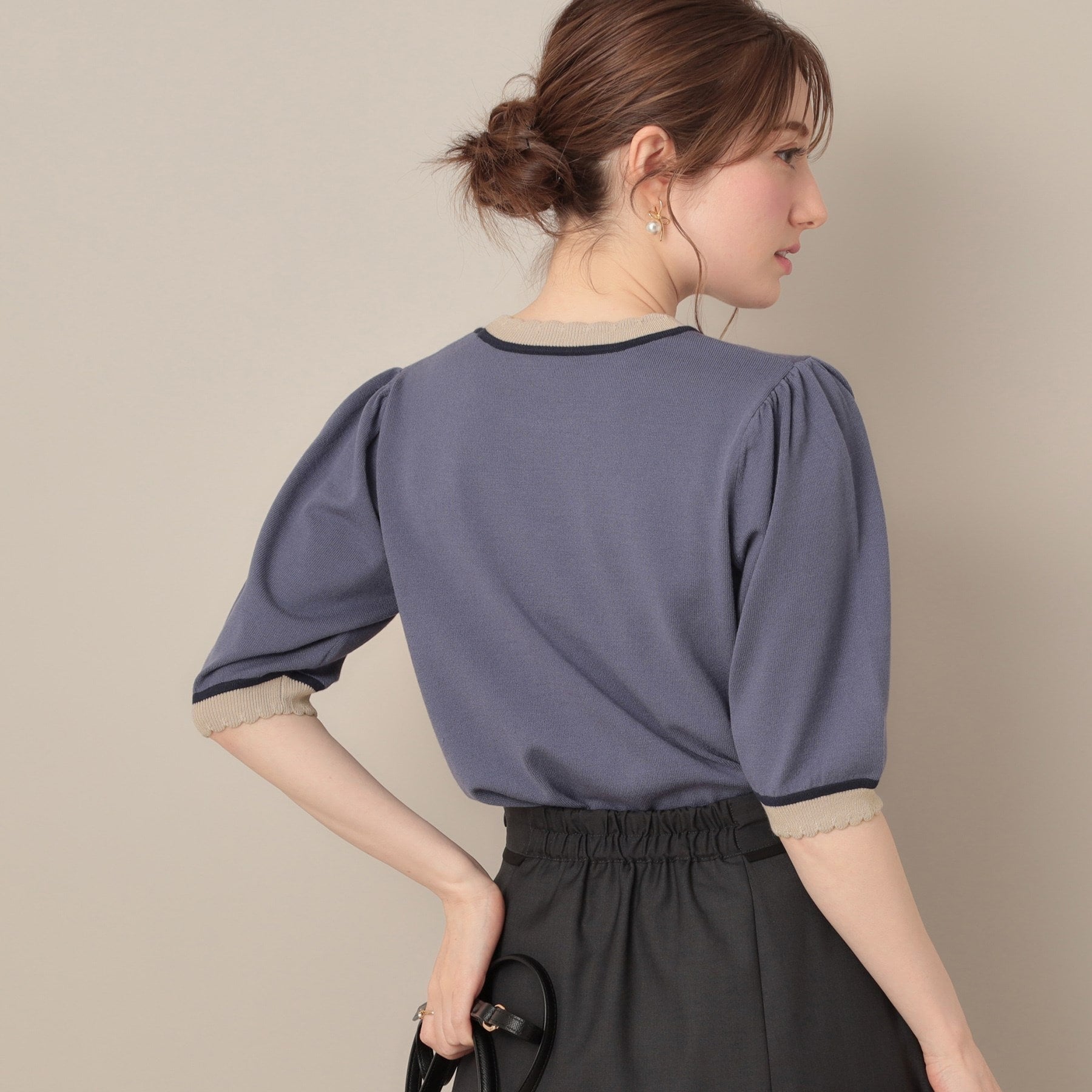 クチュール ブローチ Couture Brooch 配色スカラ5分袖ニット （ブラック(019)） ブラック(019)