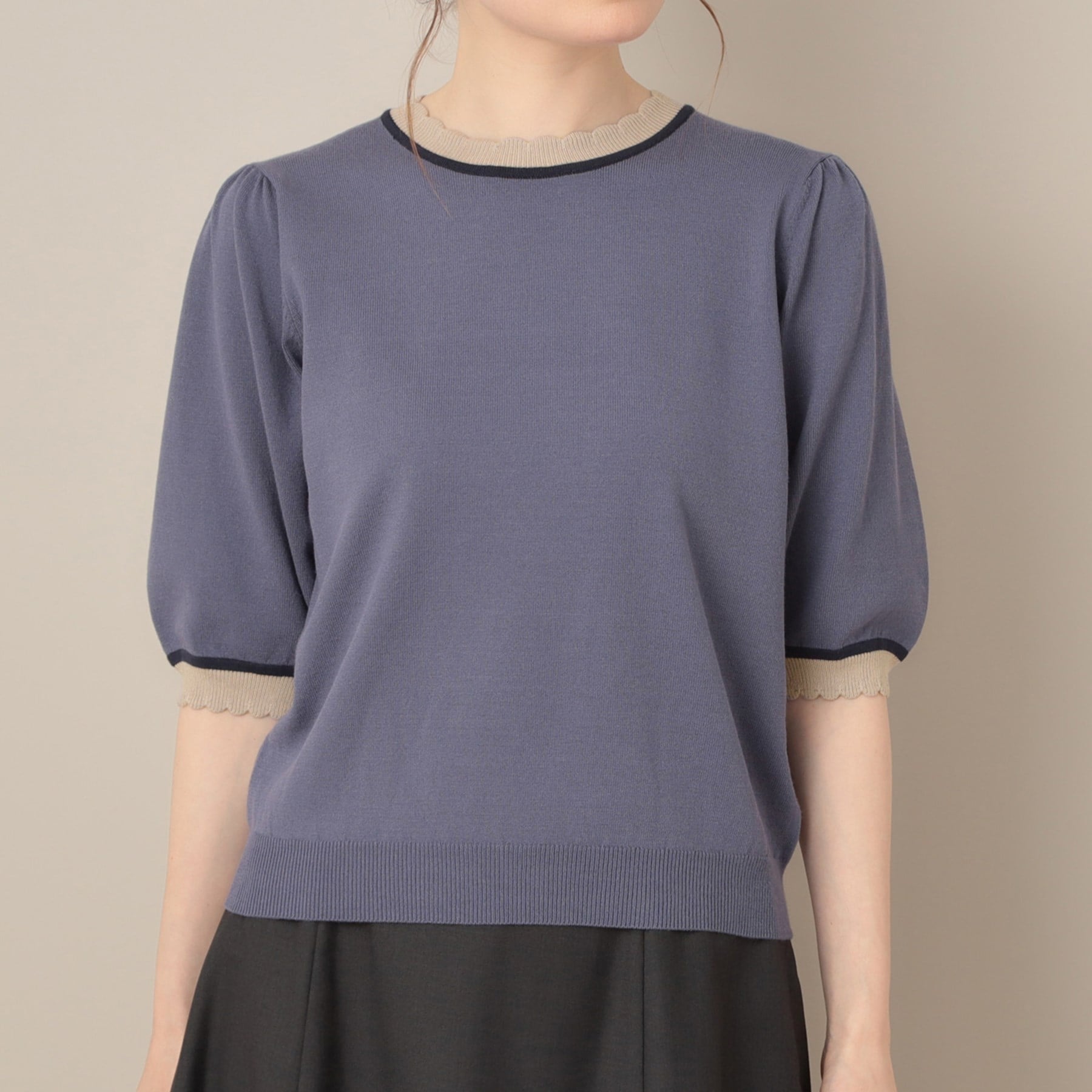 クチュール ブローチ Couture Brooch 配色スカラ5分袖ニット （ブラック(019)） ブラック(019)