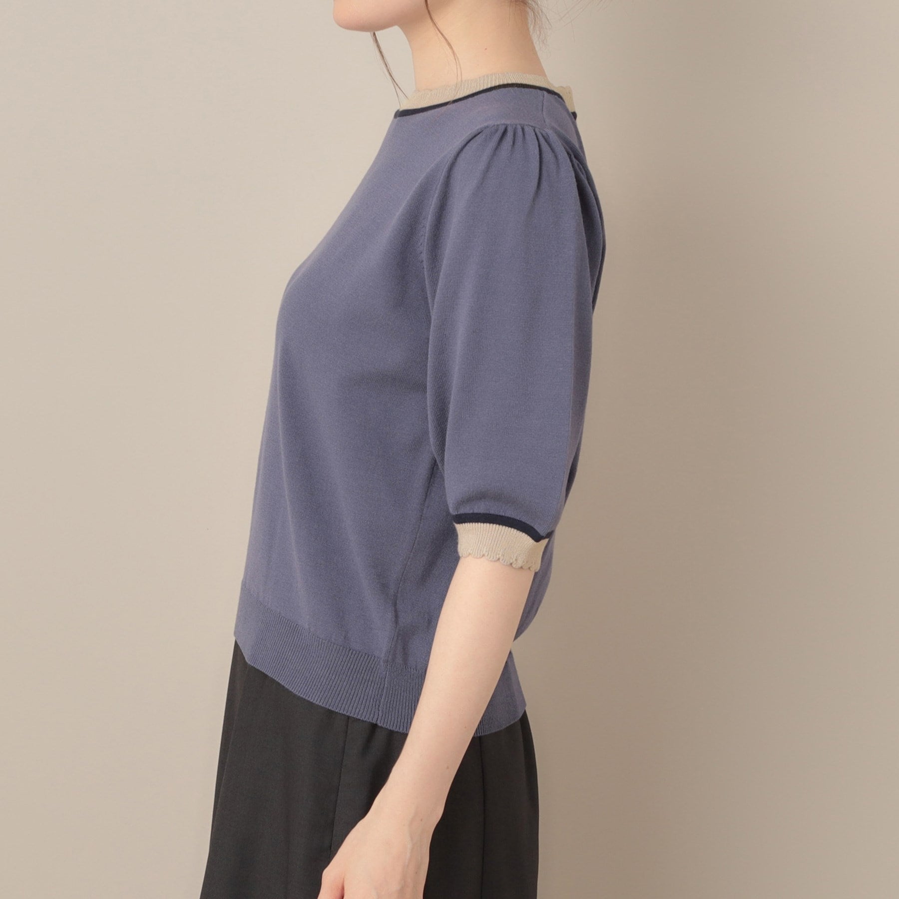 クチュール ブローチ Couture Brooch 配色スカラ5分袖ニット （ブラック(019)） ブラック(019)