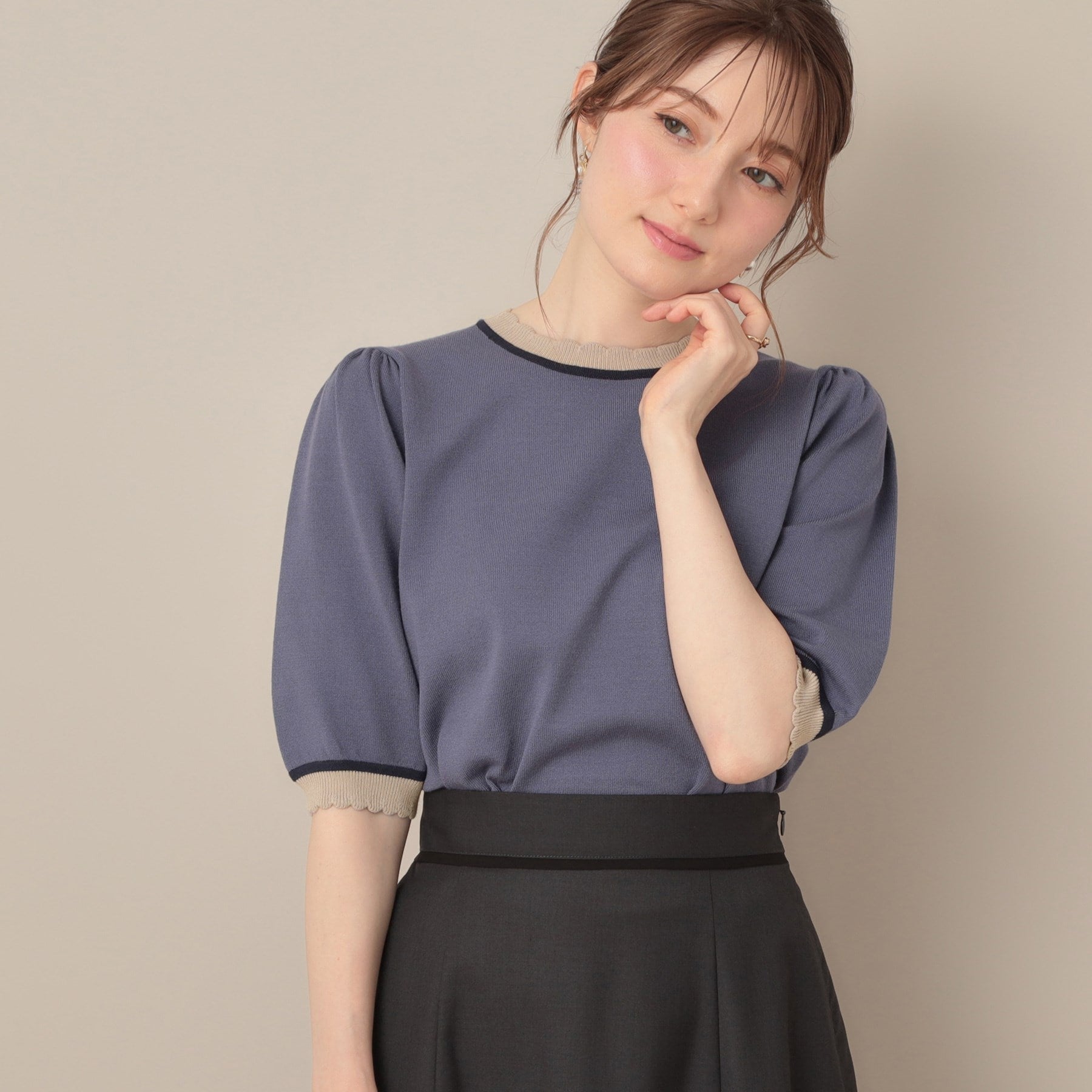 クチュール ブローチ Couture Brooch 配色スカラ5分袖ニット （ブルー(093)） ブルー(093)