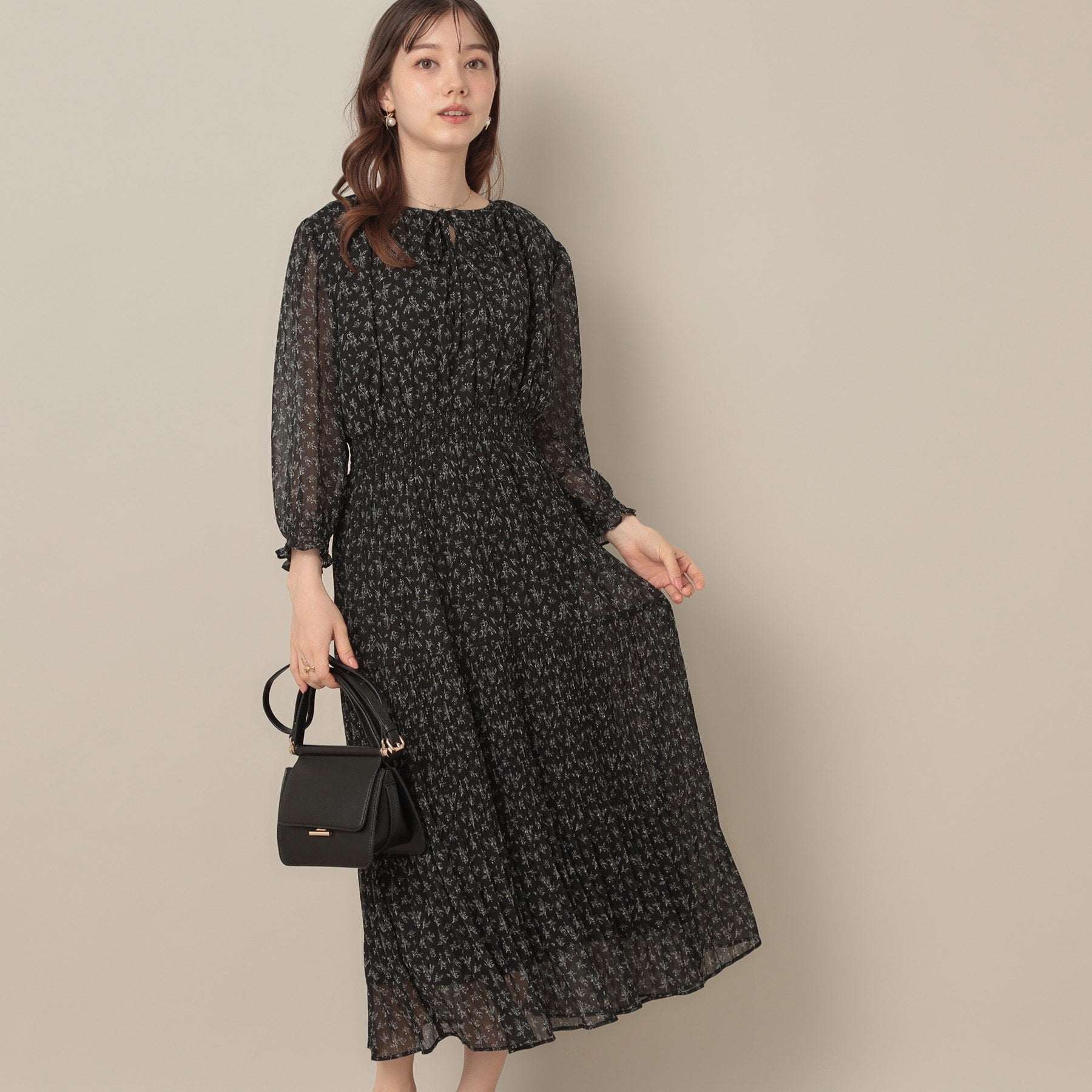 クチュール ブローチ Couture Brooch 【一枚で着映える・花柄・通勤】シフォン楊柳小花ワンピース （ボルドー(164)） ボルドー(164)