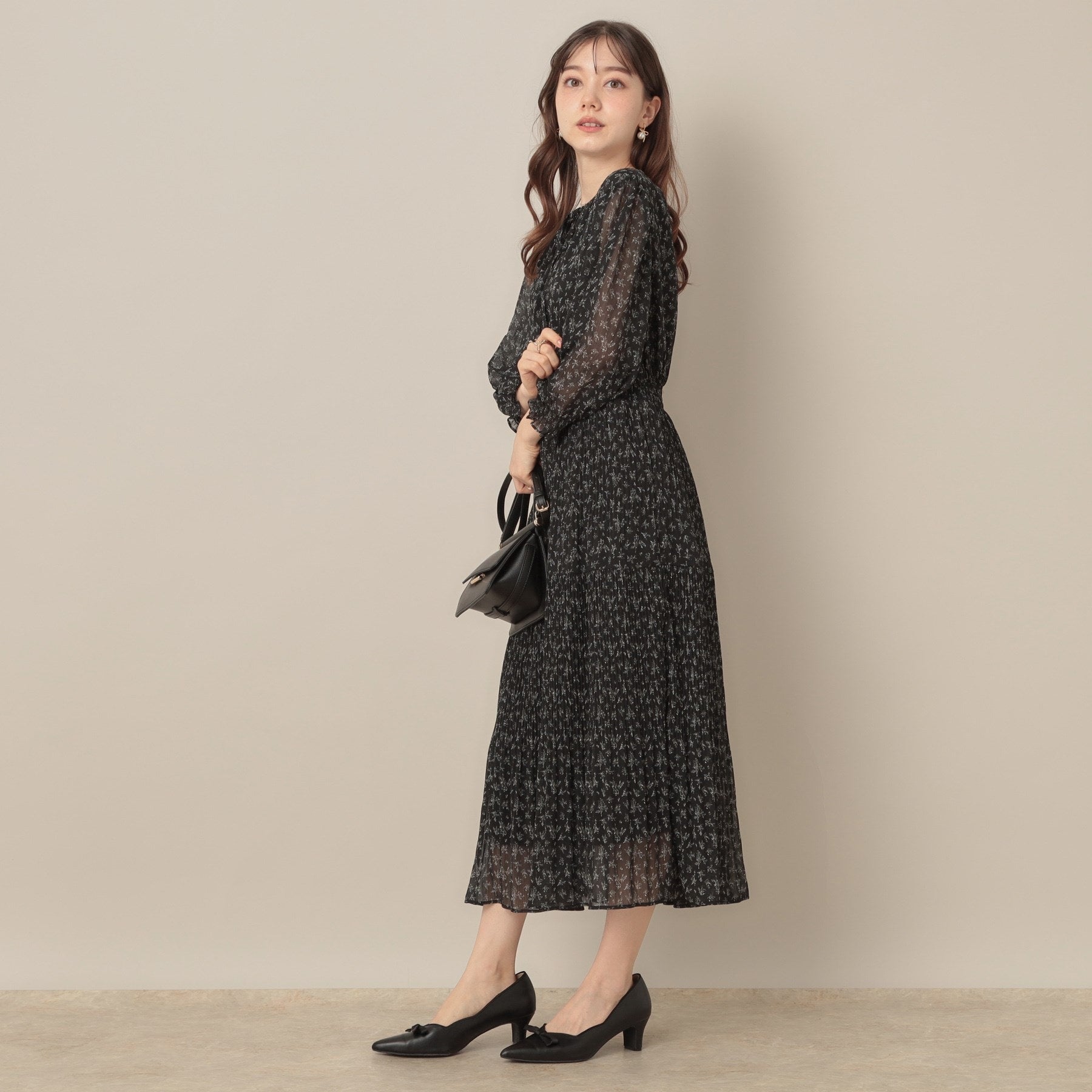 クチュール ブローチ Couture Brooch 【一枚で着映える・花柄・通勤】シフォン楊柳小花ワンピース （ボルドー(164)） ボルドー(164)