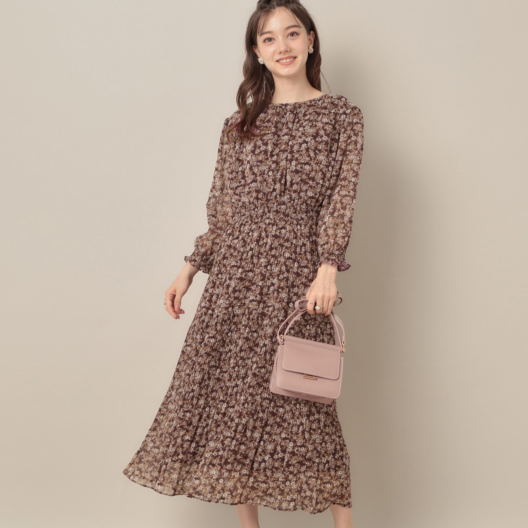 クチュール ブローチ Couture Brooch 【一枚で着映える・花柄・通勤】シフォン楊柳小花ワンピース （ボルドー(164)） ボルドー(164)