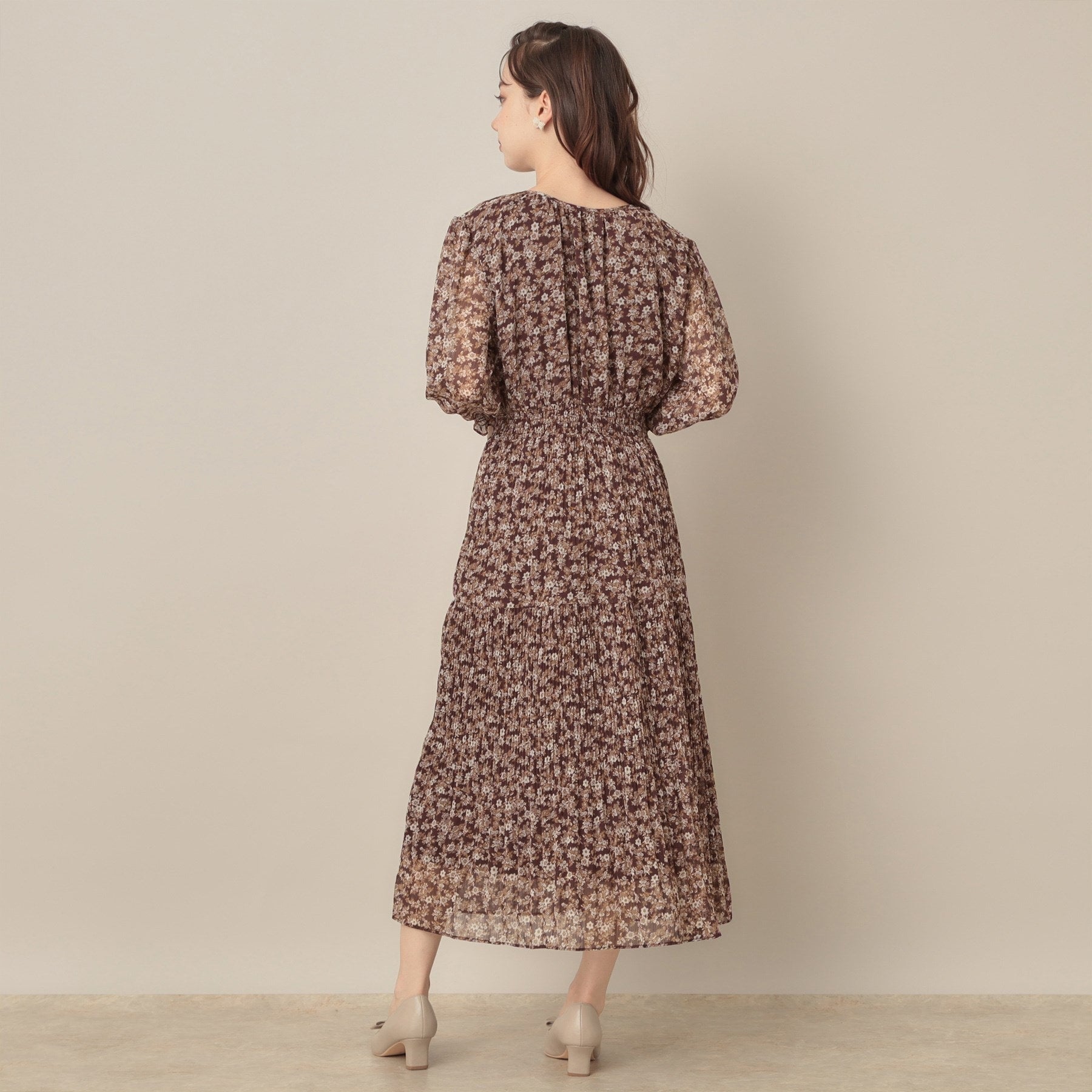 クチュール ブローチ Couture Brooch 【一枚で着映える・花柄・通勤】シフォン楊柳小花ワンピース （ボルドー(164)） ボルドー(164)