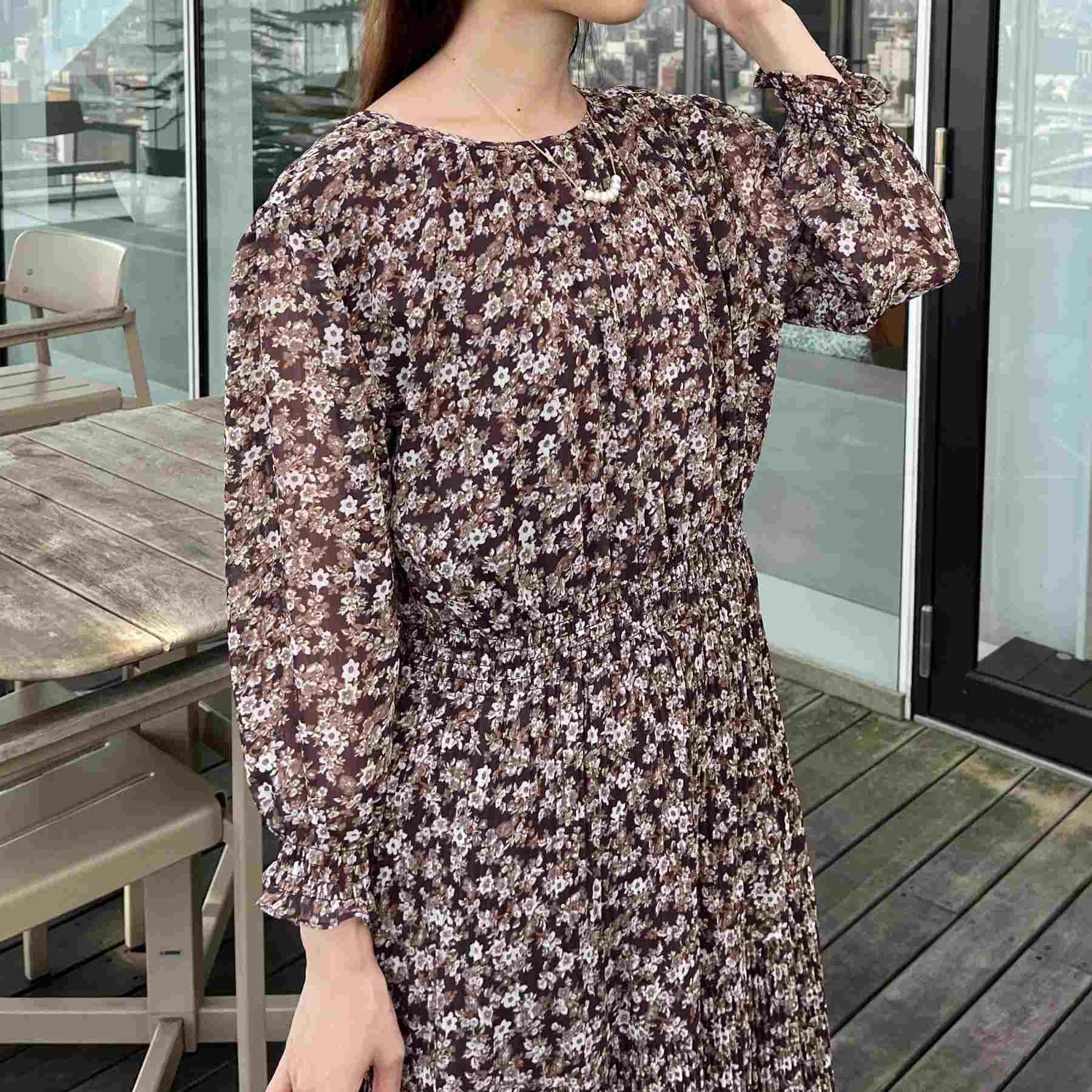 クチュール ブローチ Couture Brooch 【一枚で着映える・花柄・通勤】シフォン楊柳小花ワンピース （ボルドー(164)） ボルドー(164)