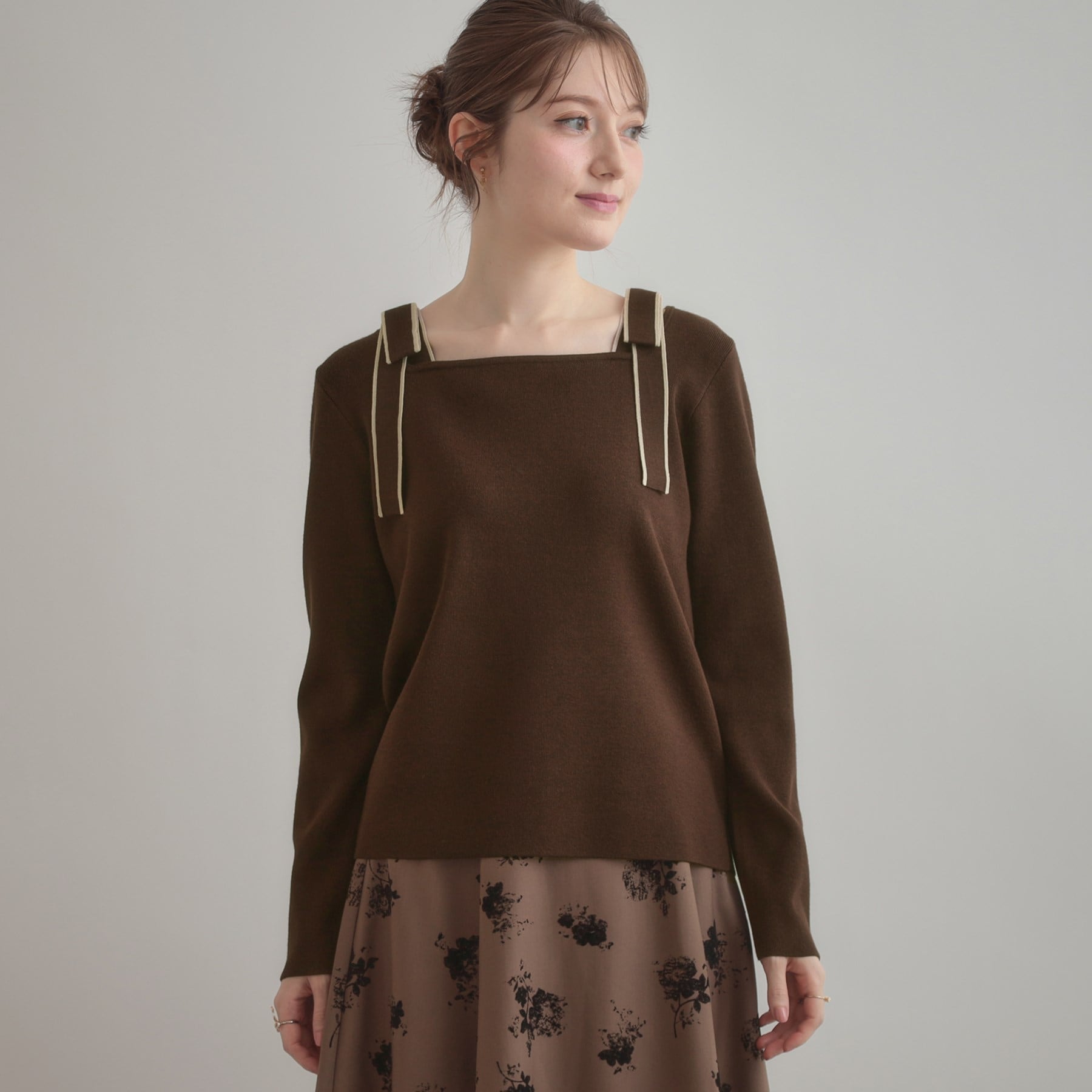 クチュール ブローチ Couture Brooch 配色リボン総針ニットトップス （アイボリー(004)） アイボリー(004)