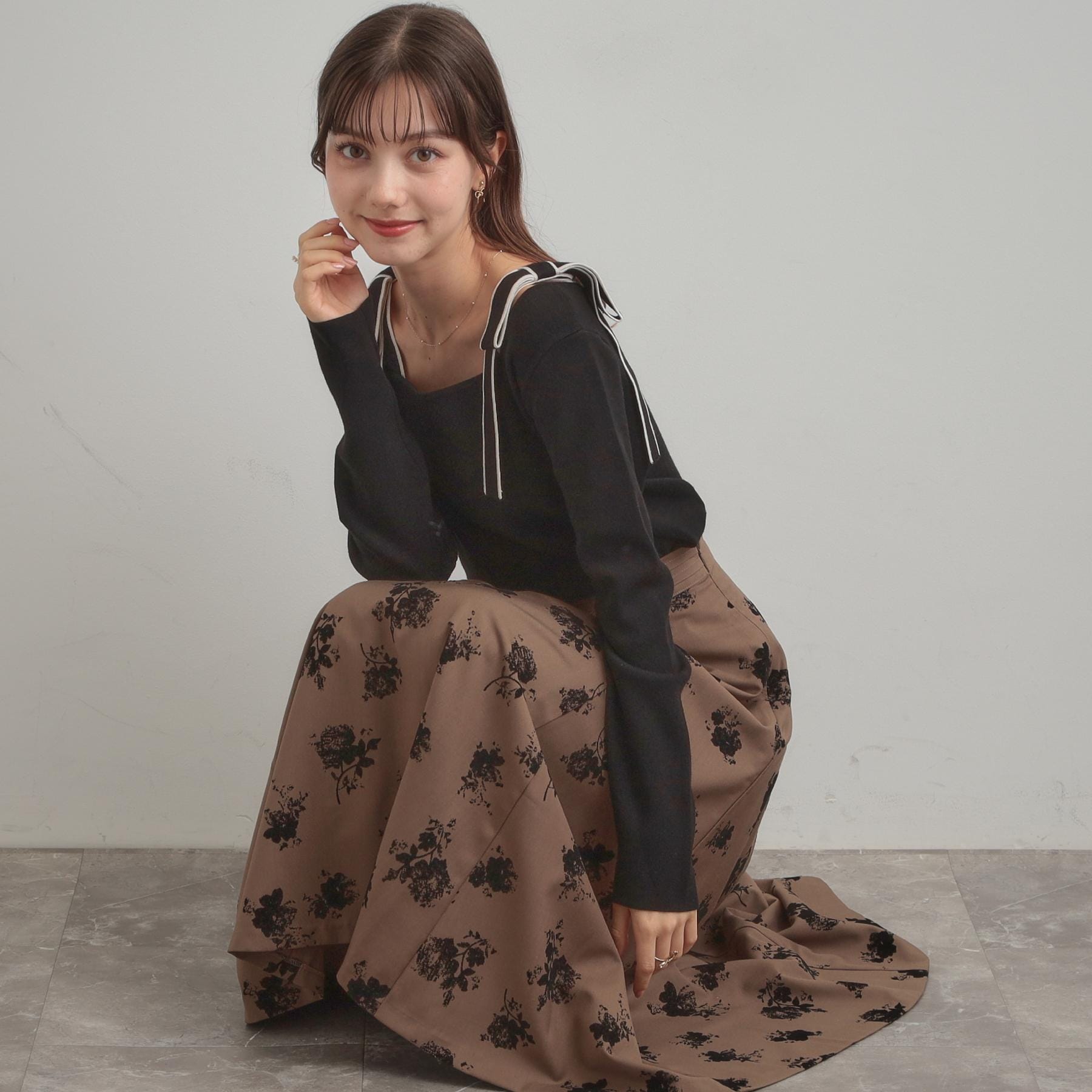 クチュール ブローチ Couture Brooch 配色リボン総針ニットトップス （アイボリー(004)） アイボリー(004)