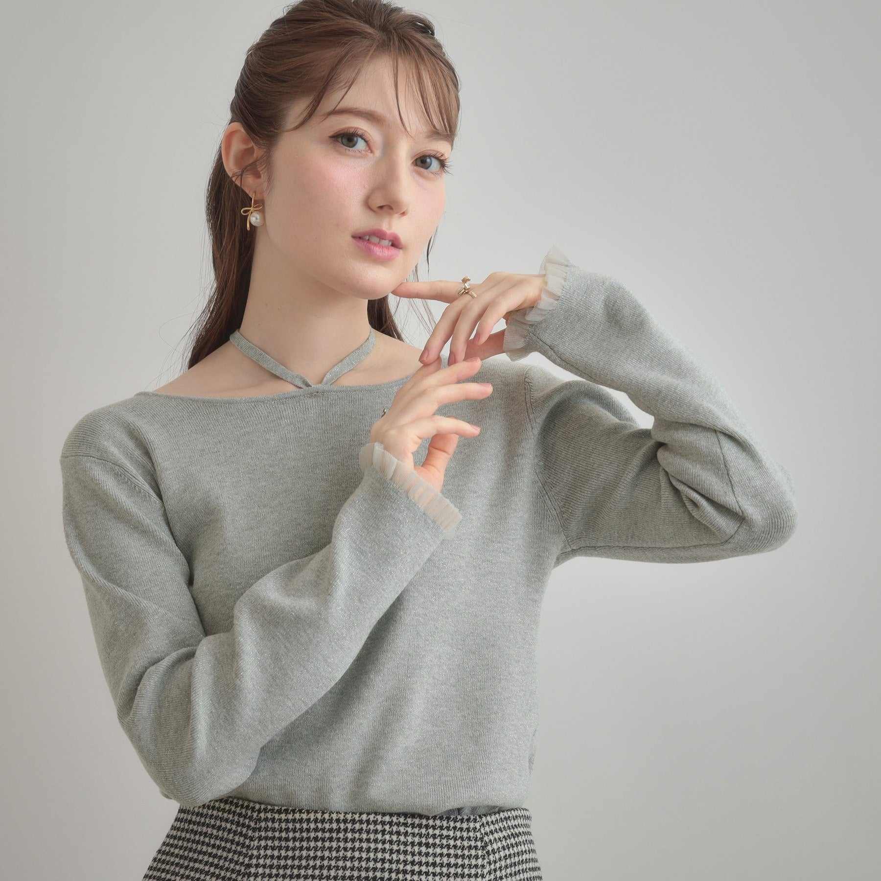 クチュール ブローチ Couture Brooch 前後2WAYラメリブ シアープチフリルニット （ライトグレー(011)） ライトグレー(011)