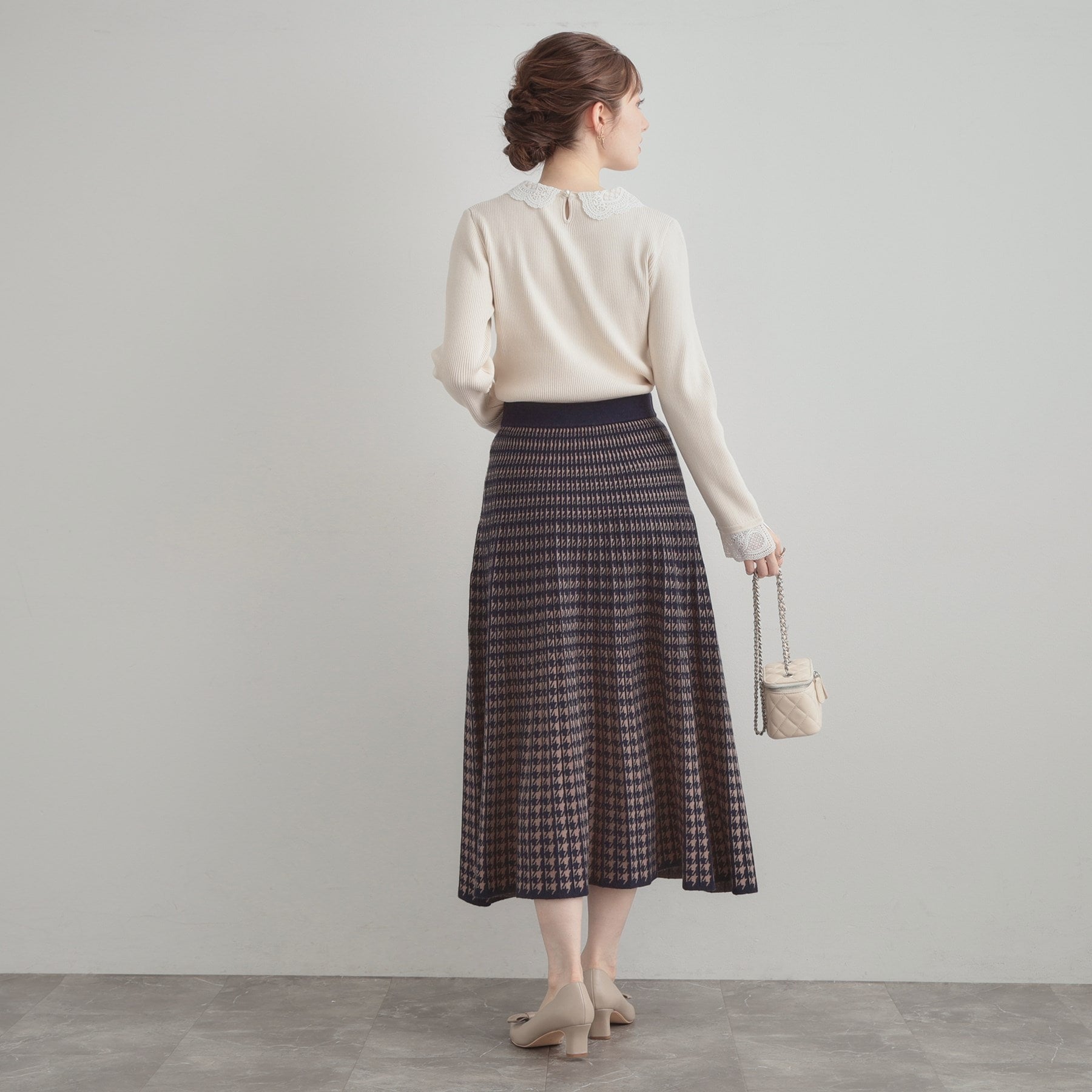 クチュール ブローチ Couture Brooch 千鳥JQニットプリーツスカート （ネイビー(294)） ネイビー(294)