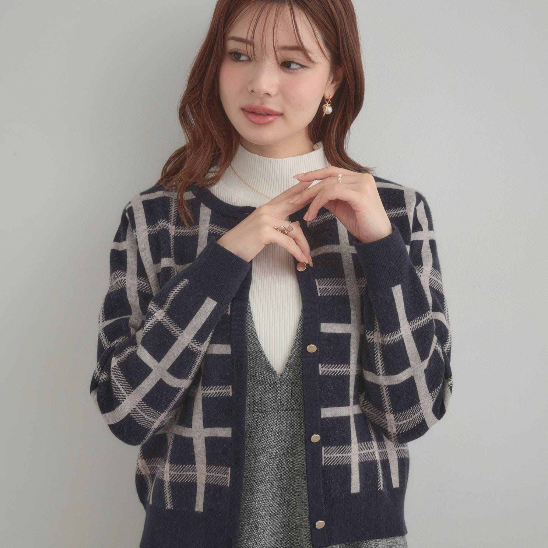 クチュール ブローチ Couture Brooch チェックジャカードニットカーディガン （ネイビー(294)） ネイビー(294)