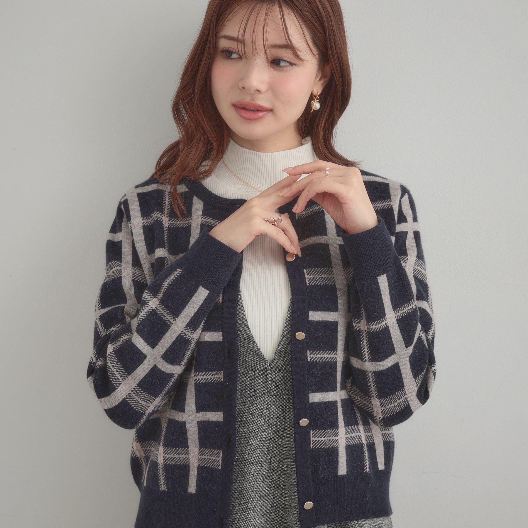 クチュール ブローチ Couture Brooch チェックジャカードニットカーディガン （ネイビー(294)） ネイビー(294)