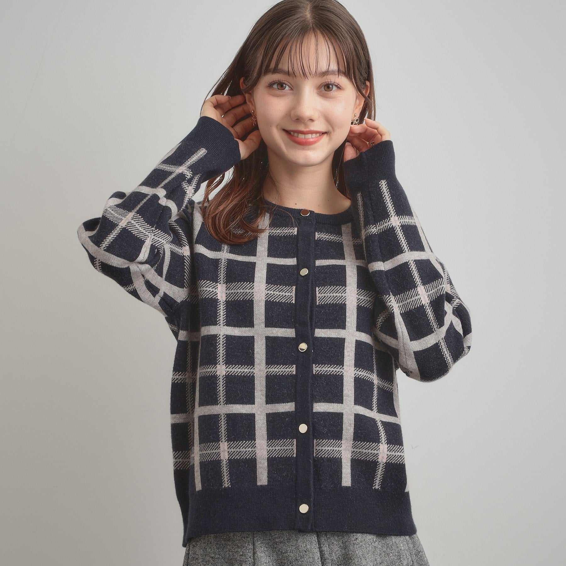 クチュール ブローチ Couture Brooch チェックジャカードニットカーディガン （ネイビー(294)） ネイビー(294)