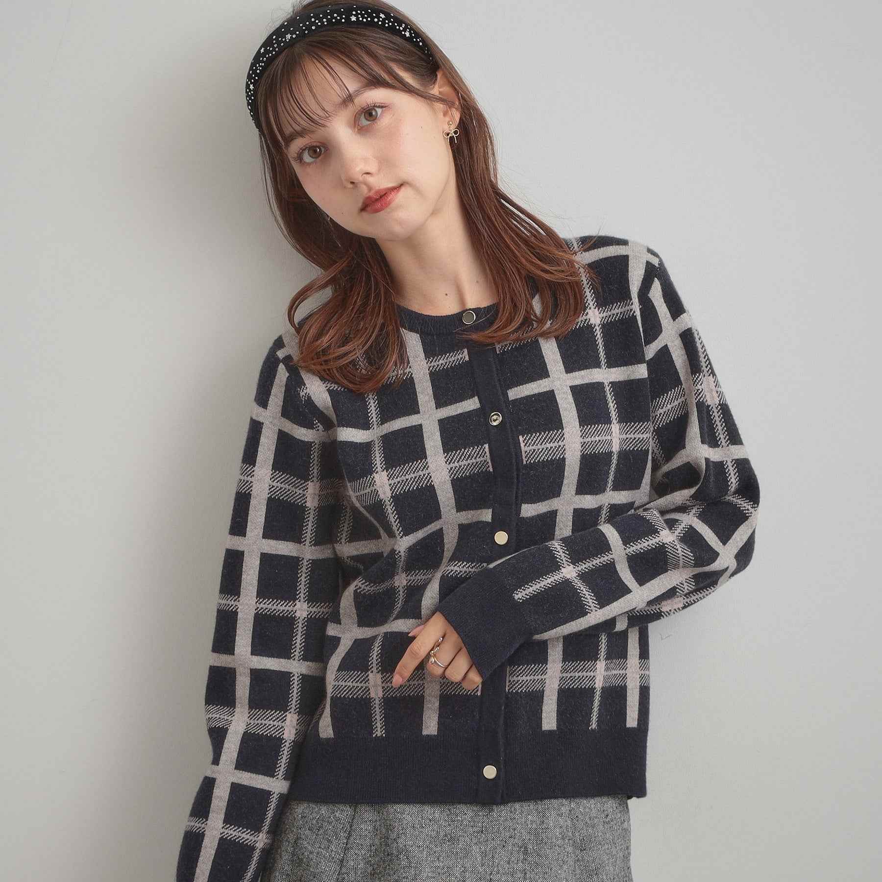 クチュール ブローチ Couture Brooch チェックジャカードニットカーディガン （ネイビー(294)） ネイビー(294)