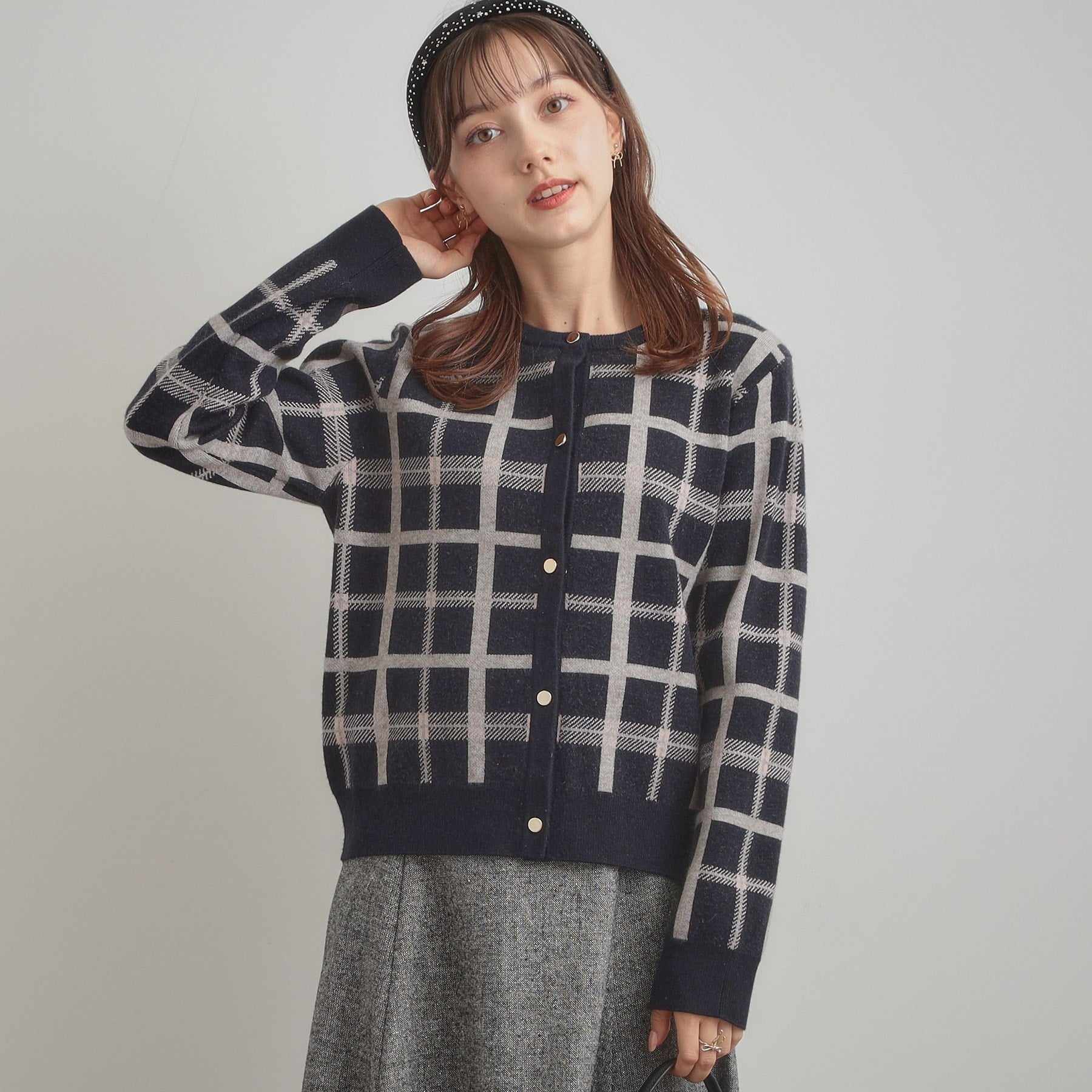 クチュール ブローチ Couture Brooch チェックジャカードニットカーディガン （ネイビー(294)） ネイビー(294)