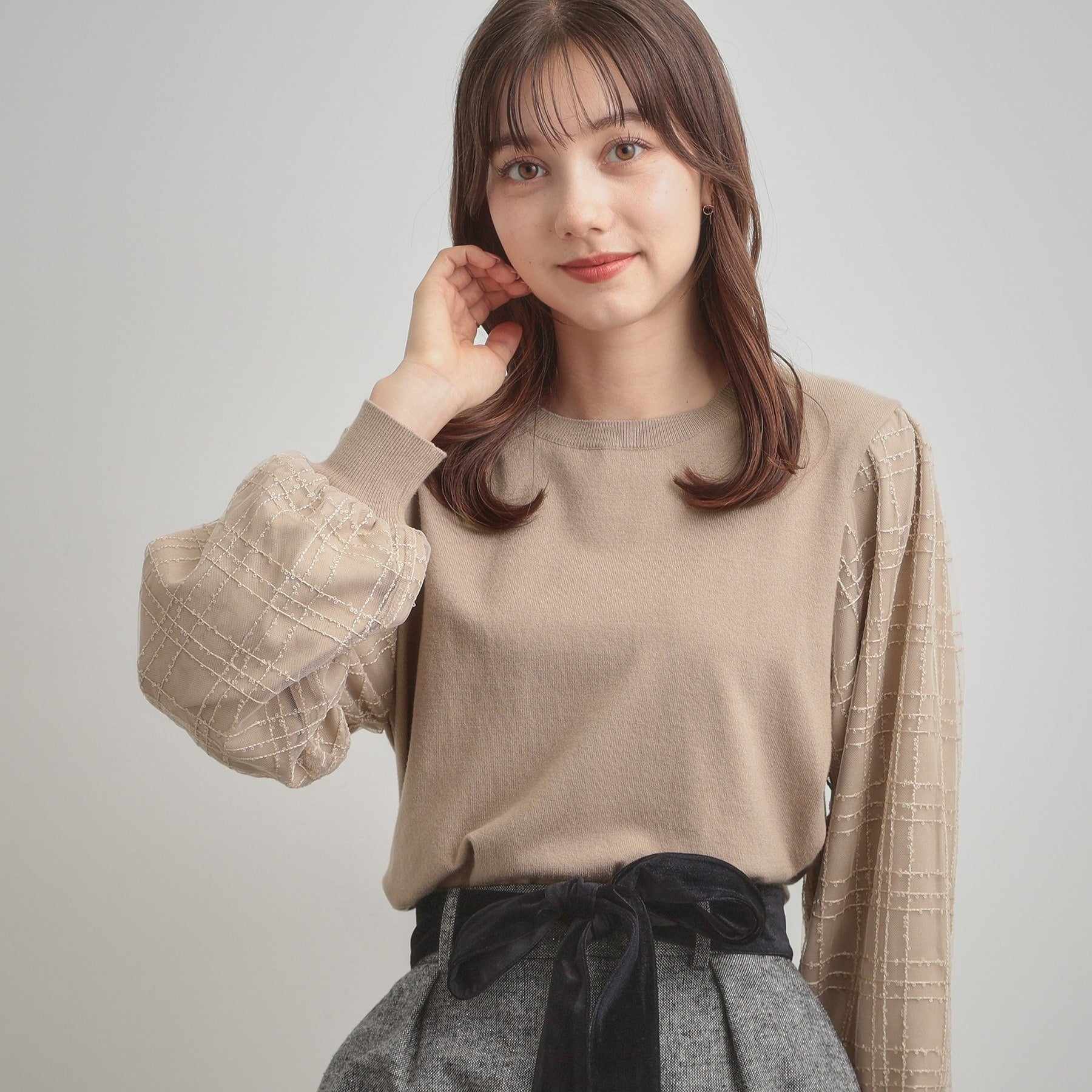 クチュール ブローチ Couture Brooch 袖チェックチュールドッキングニット （ピンクベージュ(053)） ピンクベージュ(053)