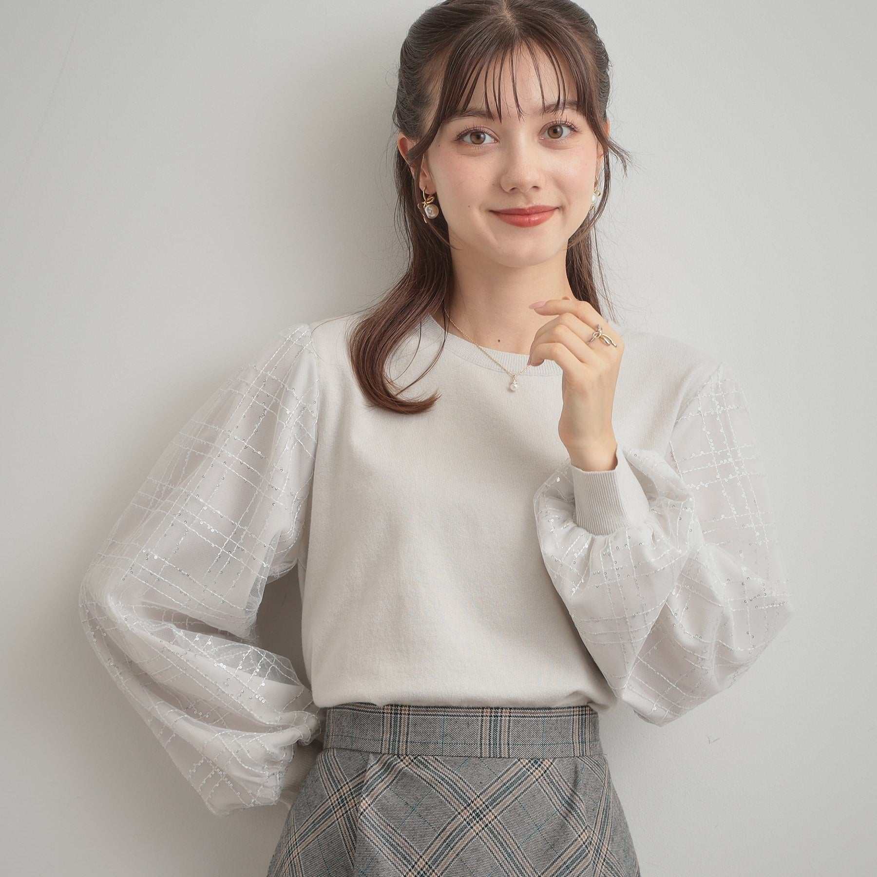 クチュール ブローチ Couture Brooch 袖チェックチュールドッキングニット （ピンクベージュ(053)） ピンクベージュ(053)