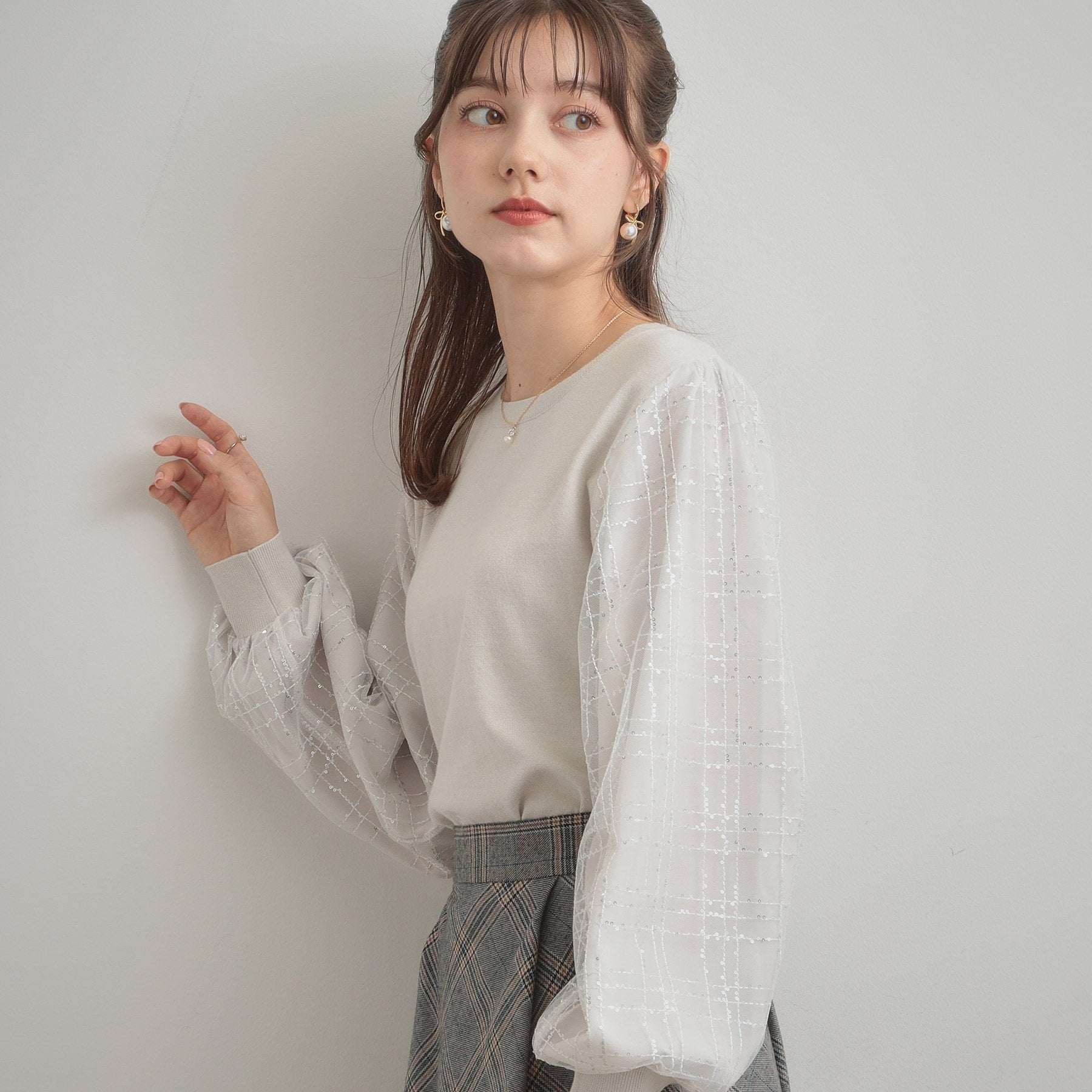 クチュール ブローチ Couture Brooch 袖チェックチュールドッキングニット （ピンクベージュ(053)） ピンクベージュ(053)