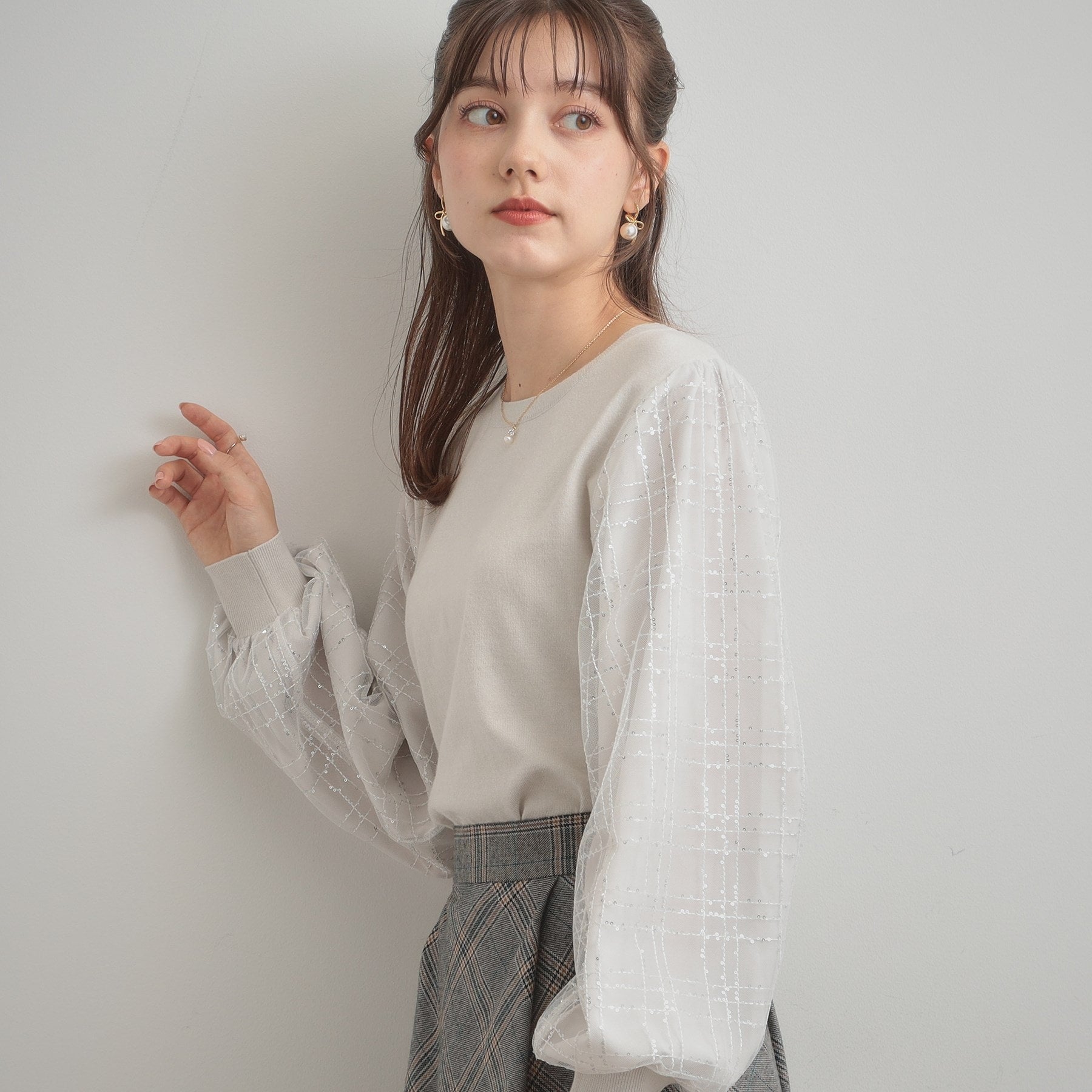 クチュール ブローチ Couture Brooch 袖チェックチュールドッキングニット （ピンクベージュ(053)） ピンクベージュ(053)