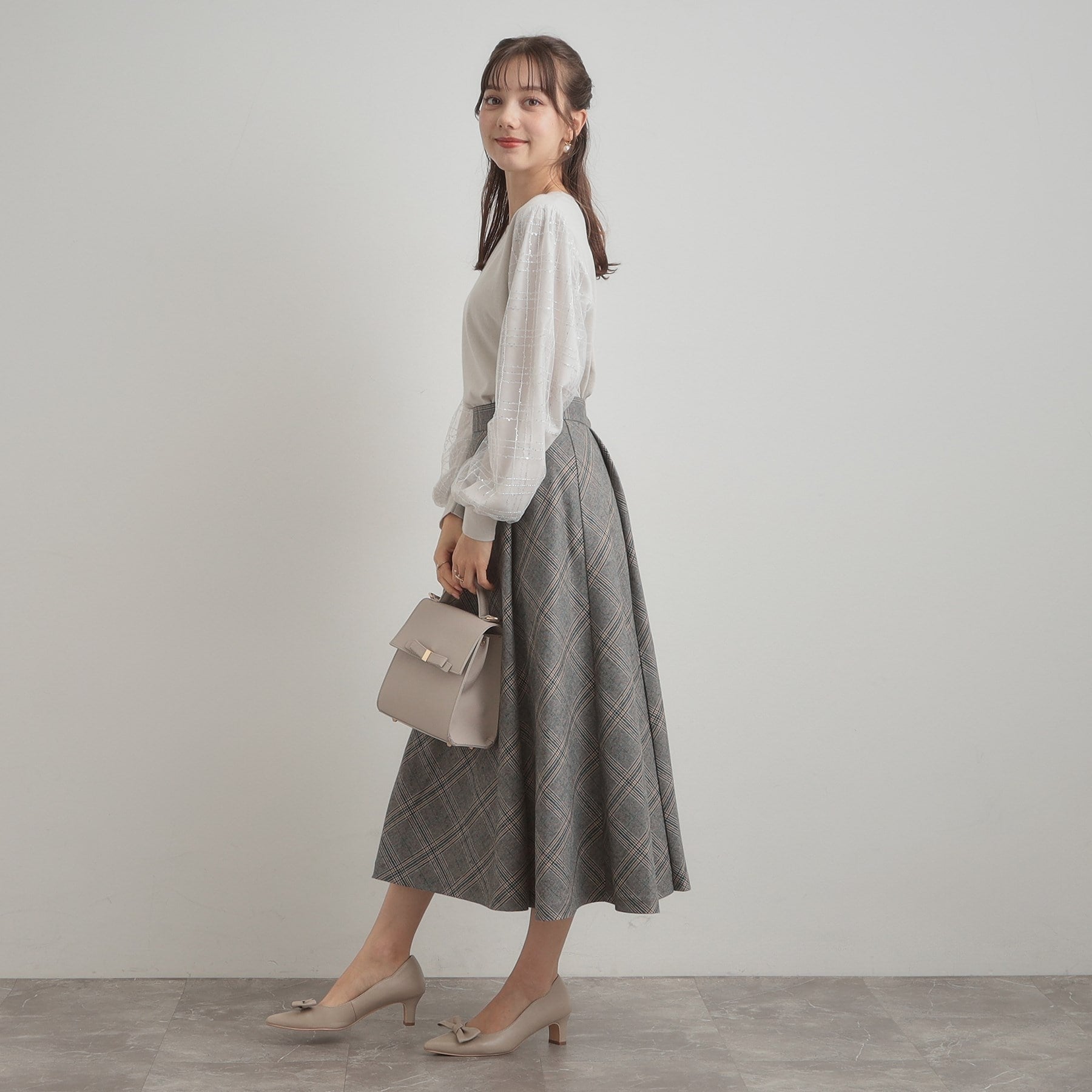 クチュール ブローチ Couture Brooch 袖チェックチュールドッキングニット （ピンクベージュ(053)） ピンクベージュ(053)