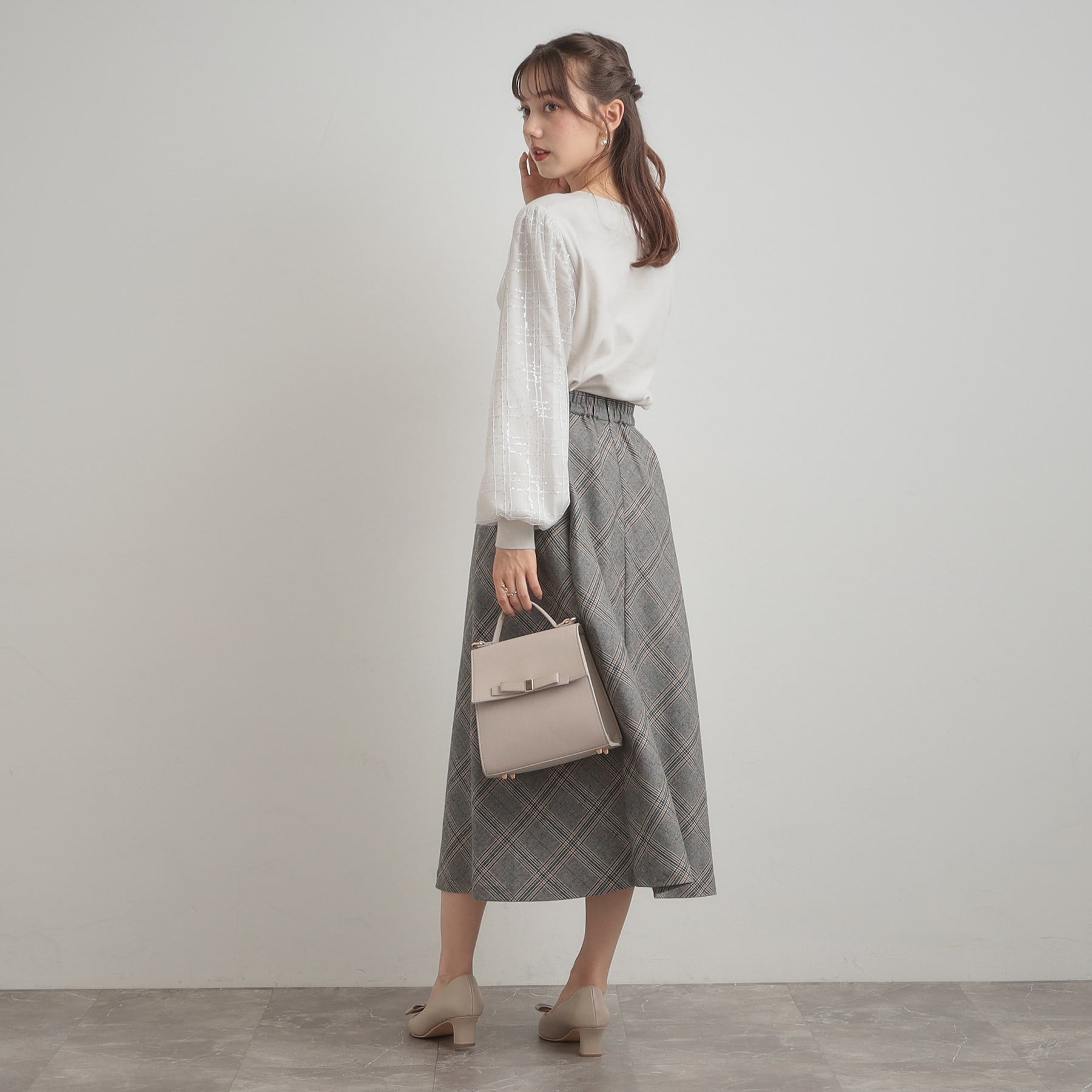 クチュール ブローチ Couture Brooch 袖チェックチュールドッキングニット （ピンクベージュ(053)） ピンクベージュ(053)