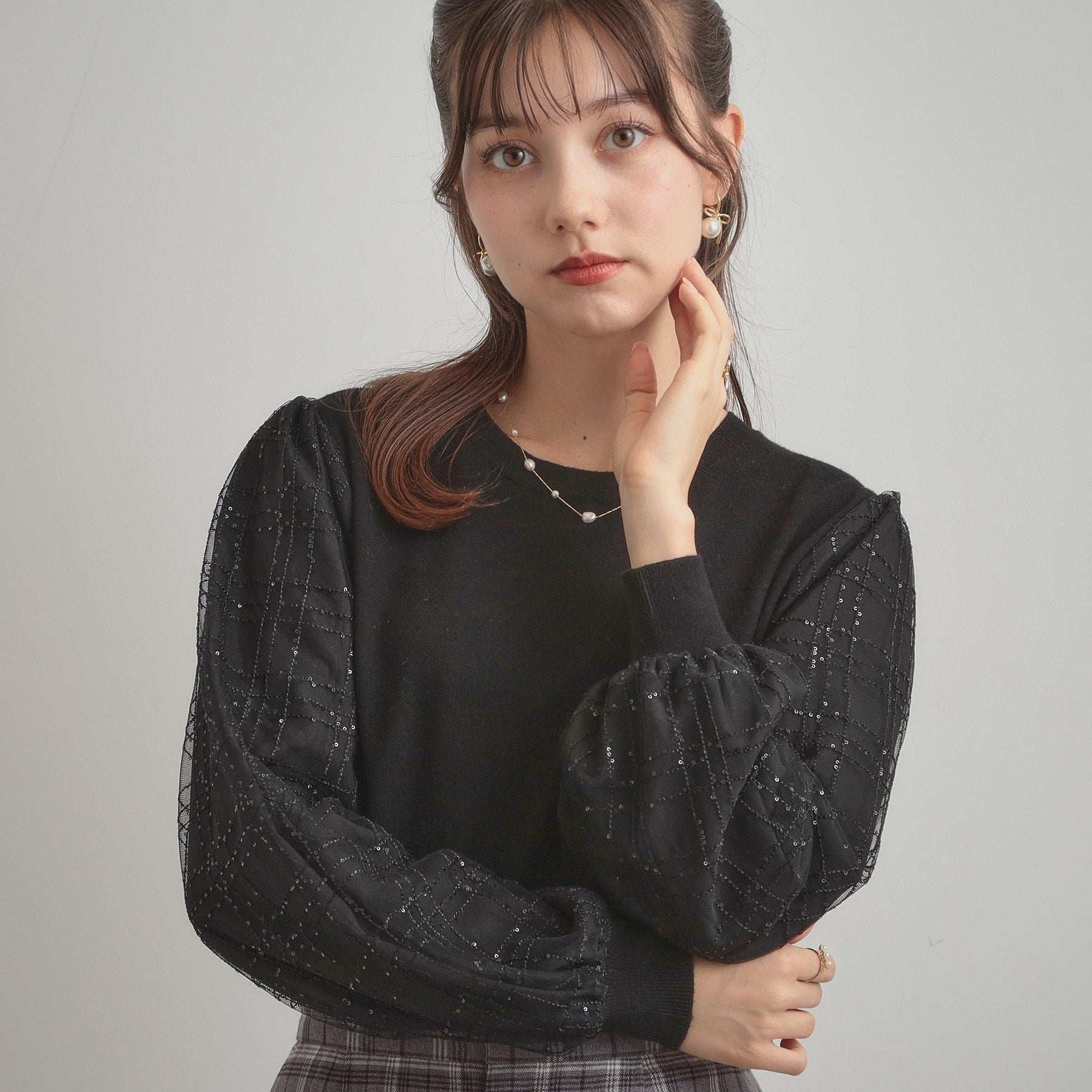 クチュール ブローチ Couture Brooch 袖チェックチュールドッキングニット （ピンクベージュ(053)） ピンクベージュ(053)