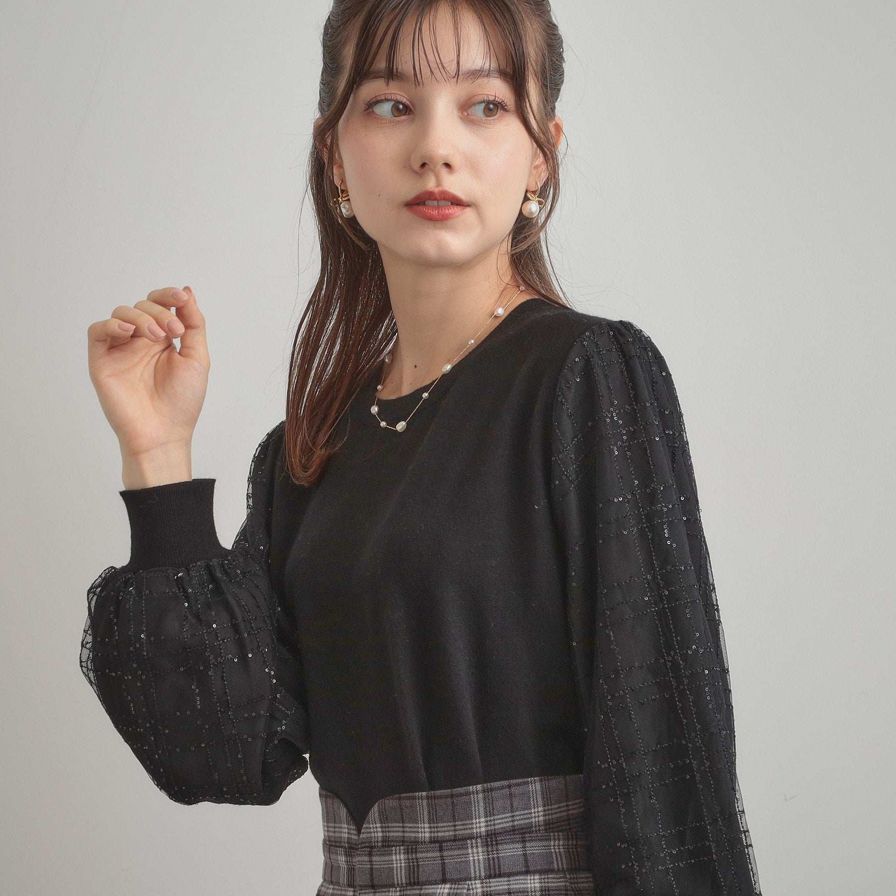 クチュール ブローチ Couture Brooch 袖チェックチュールドッキングニット （ピンクベージュ(053)） ピンクベージュ(053)