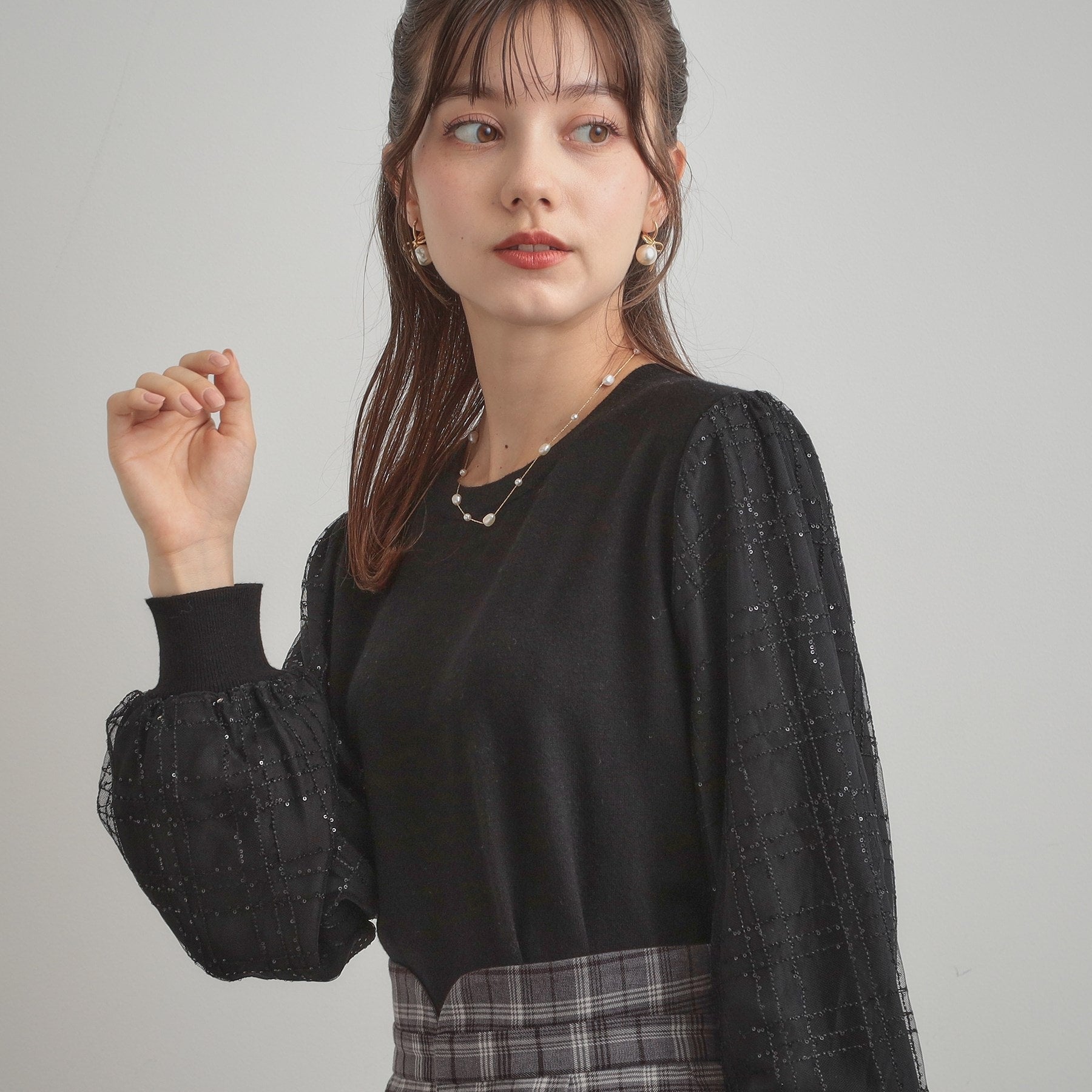 クチュール ブローチ Couture Brooch 袖チェックチュールドッキングニット （ピンクベージュ(053)） ピンクベージュ(053)