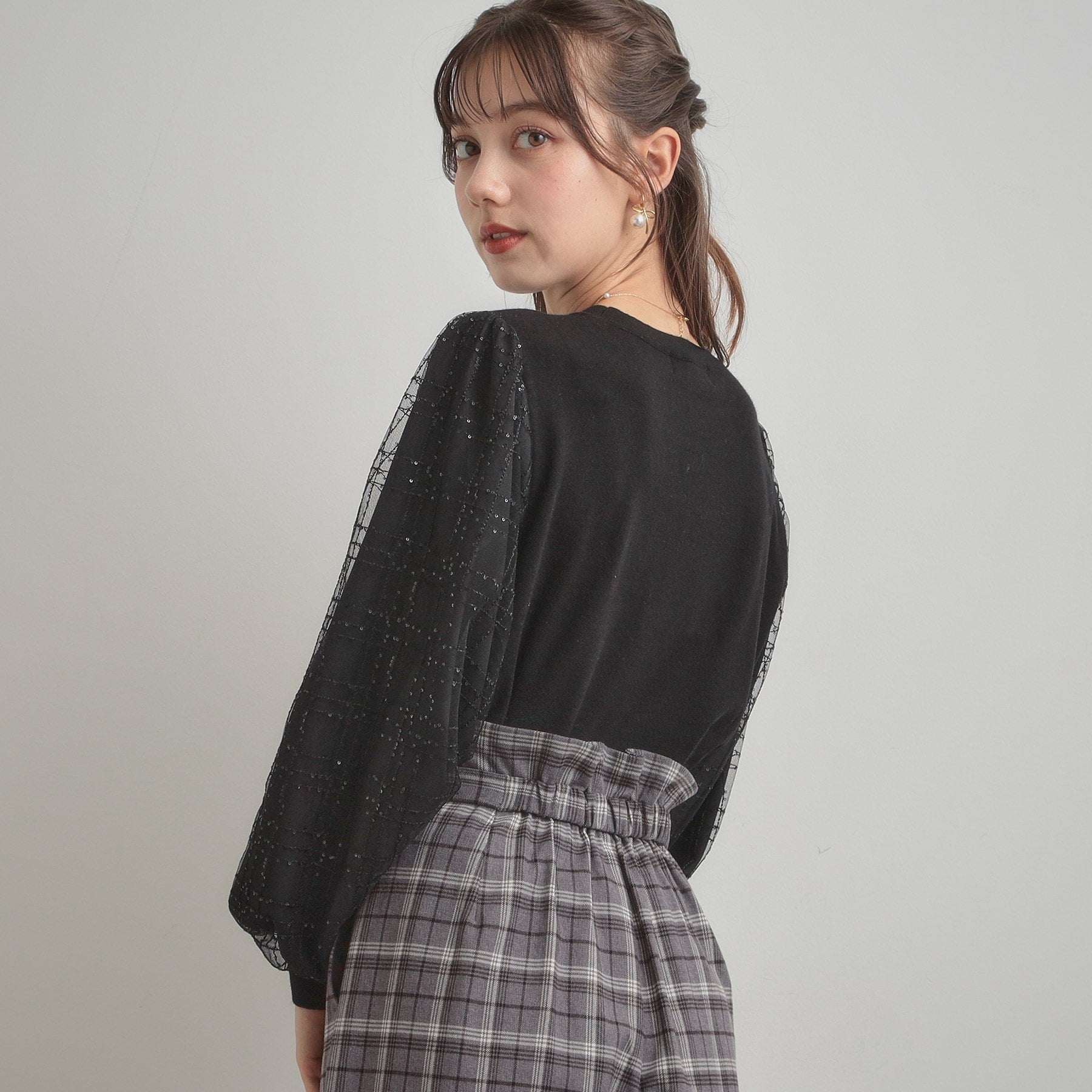 クチュール ブローチ Couture Brooch 袖チェックチュールドッキングニット （ピンクベージュ(053)） ピンクベージュ(053)