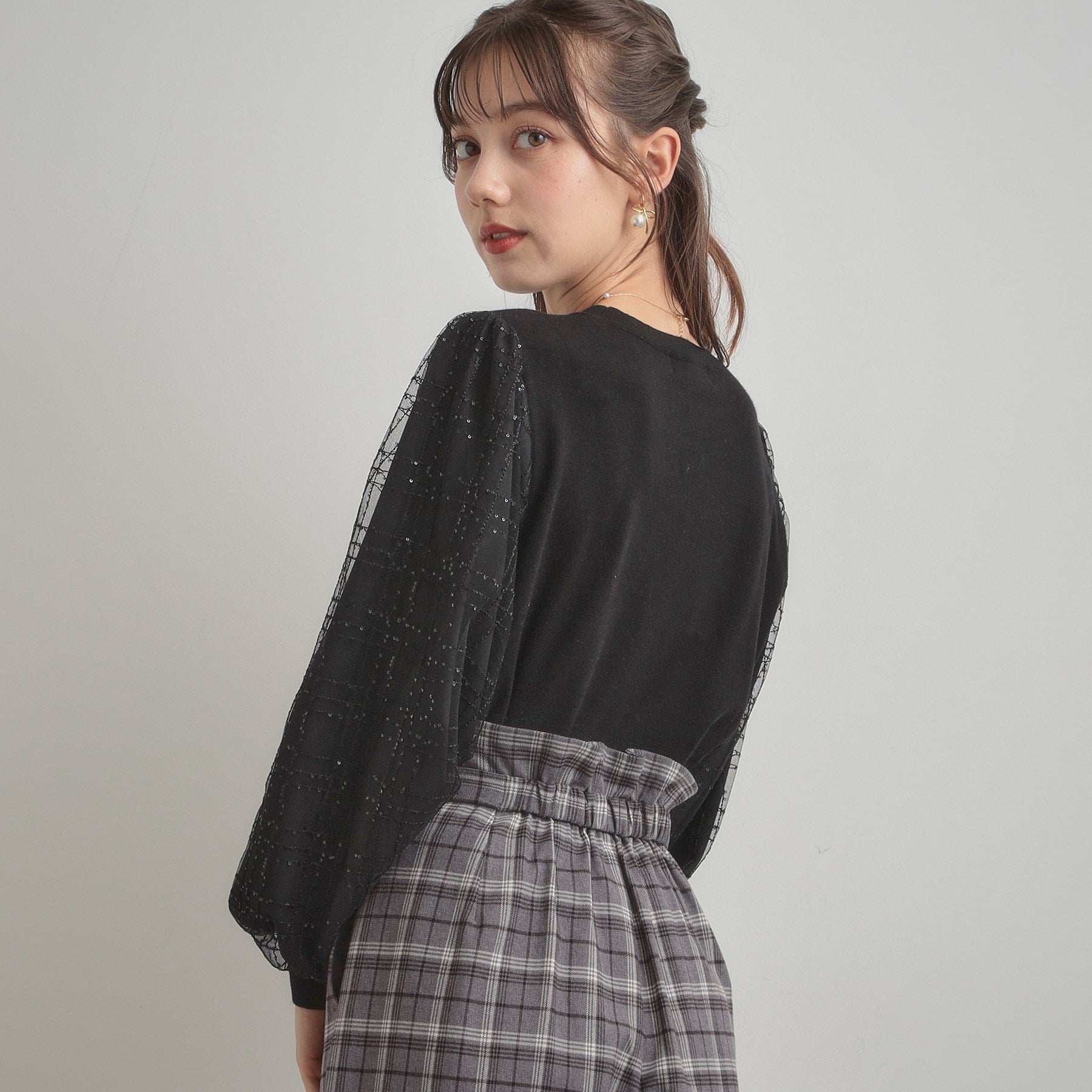 クチュール ブローチ Couture Brooch 袖チェックチュールドッキングニット （ピンクベージュ(053)） ピンクベージュ(053)