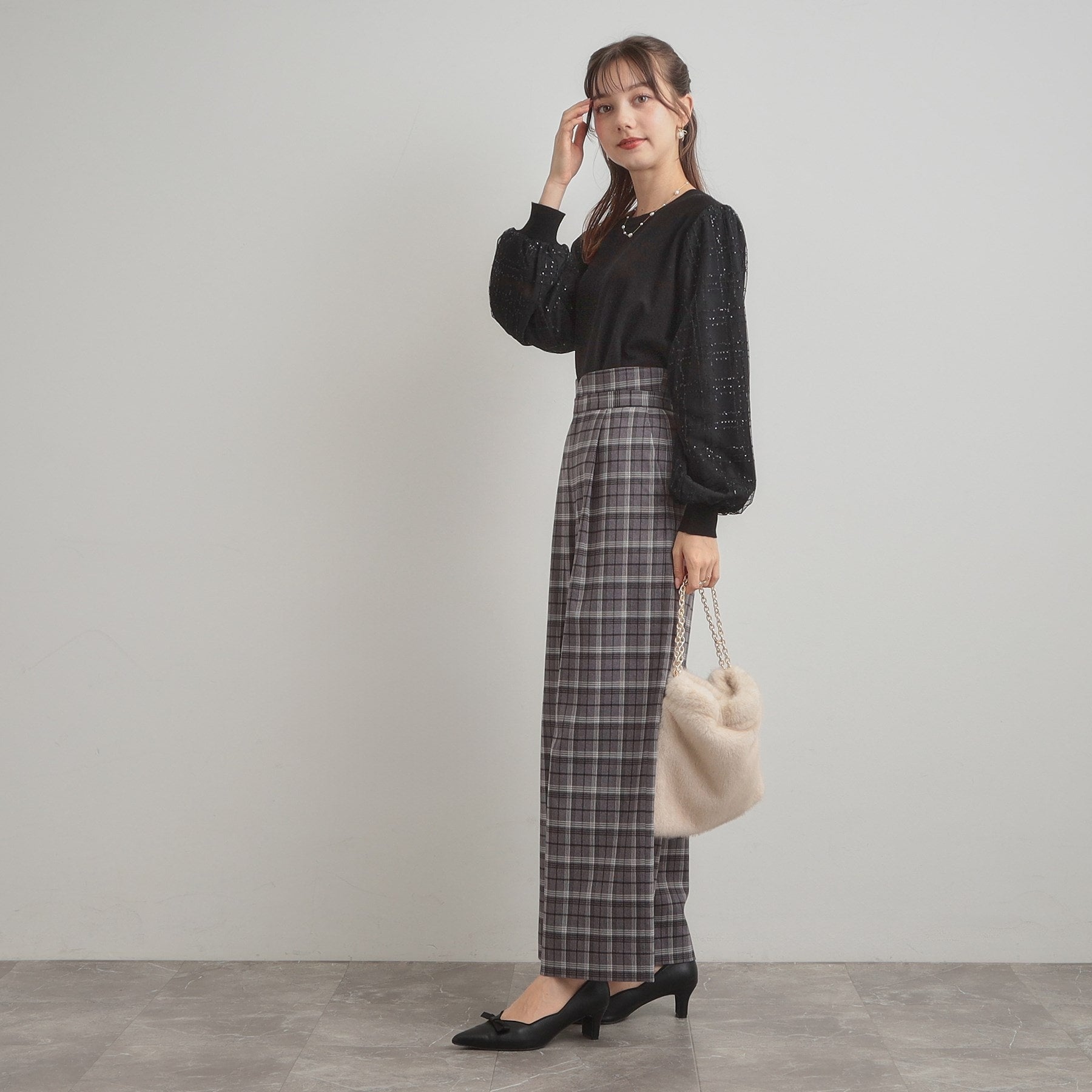 クチュール ブローチ Couture Brooch 袖チェックチュールドッキングニット （ピンクベージュ(053)） ピンクベージュ(053)